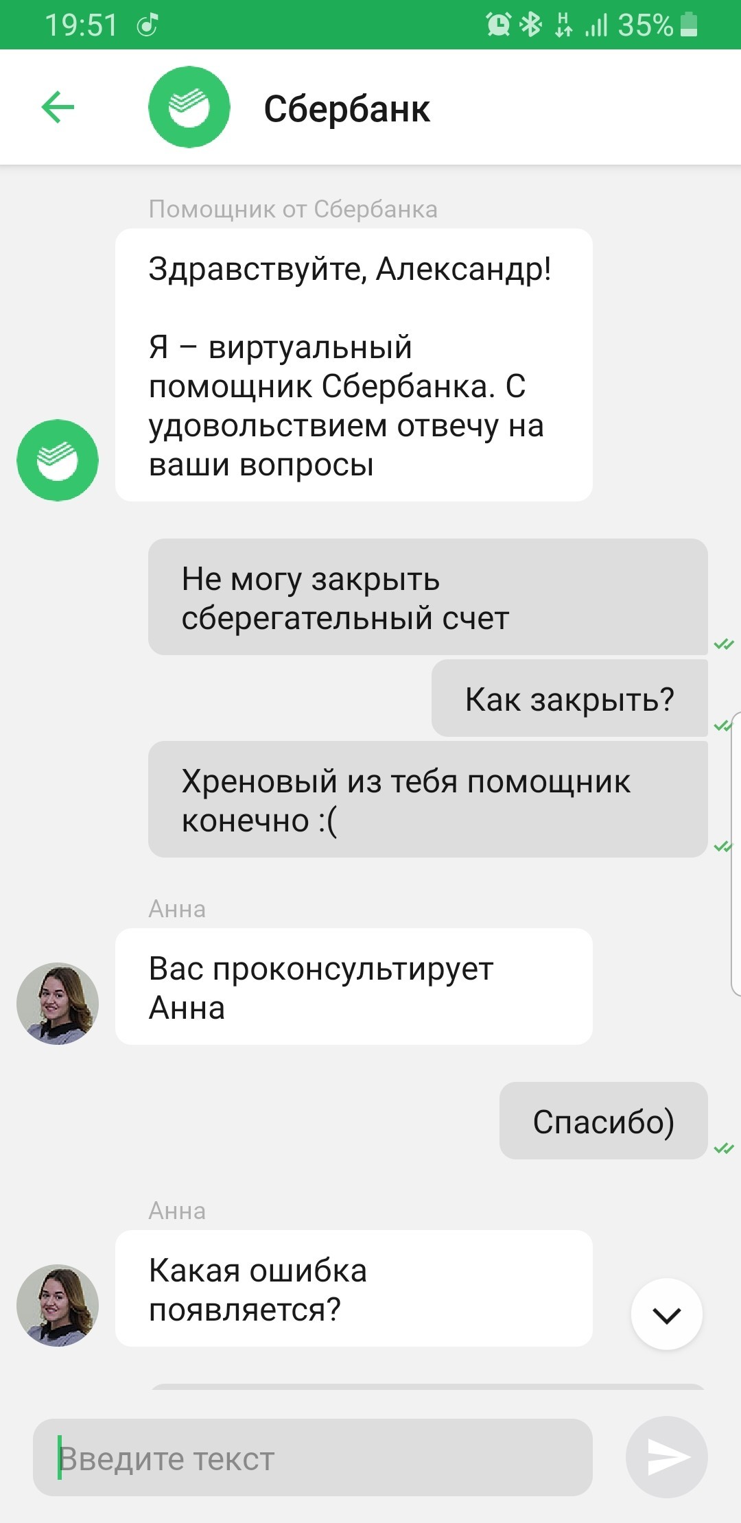 Green Bank and Anna - My, Sberbank, Story, Chat room, Longpost