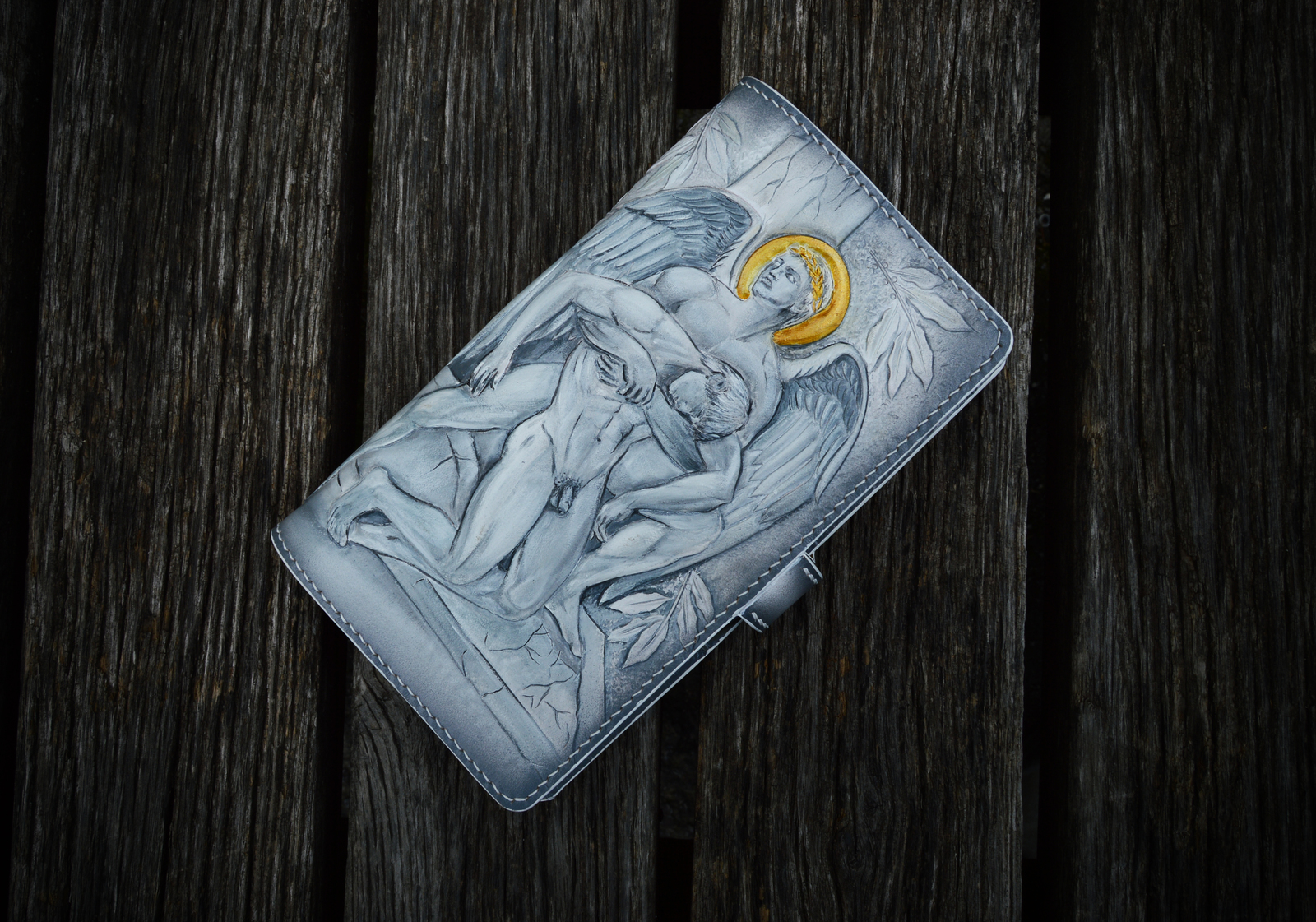 Apollo. Long wallet. - NSFW, My, Apollo, Wallet, Embossing on leather, Angel, Lyre, Onion, laurel, Longpost