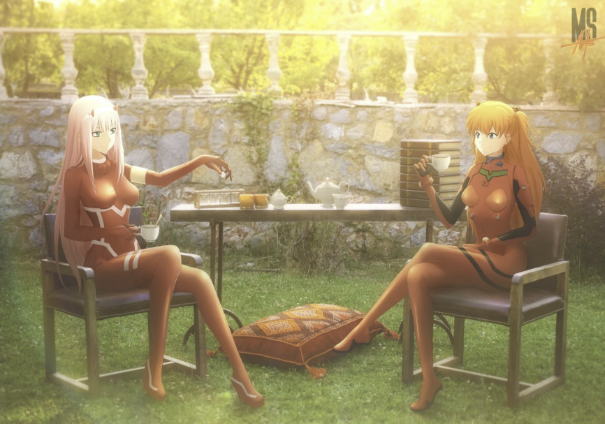 An unattainable ideal and a bad fake... - Crossover, Darling in the Franxx, Asuka langley, Evangelion, Art, Anime art, Zero two, Anime