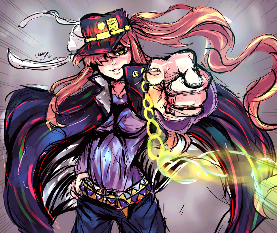 Yare yare daze - Doki Doki Literature Club, Crossover, Jojos bizarre adventure, Monika, Kujo Jotaro, Anime art, Crossover