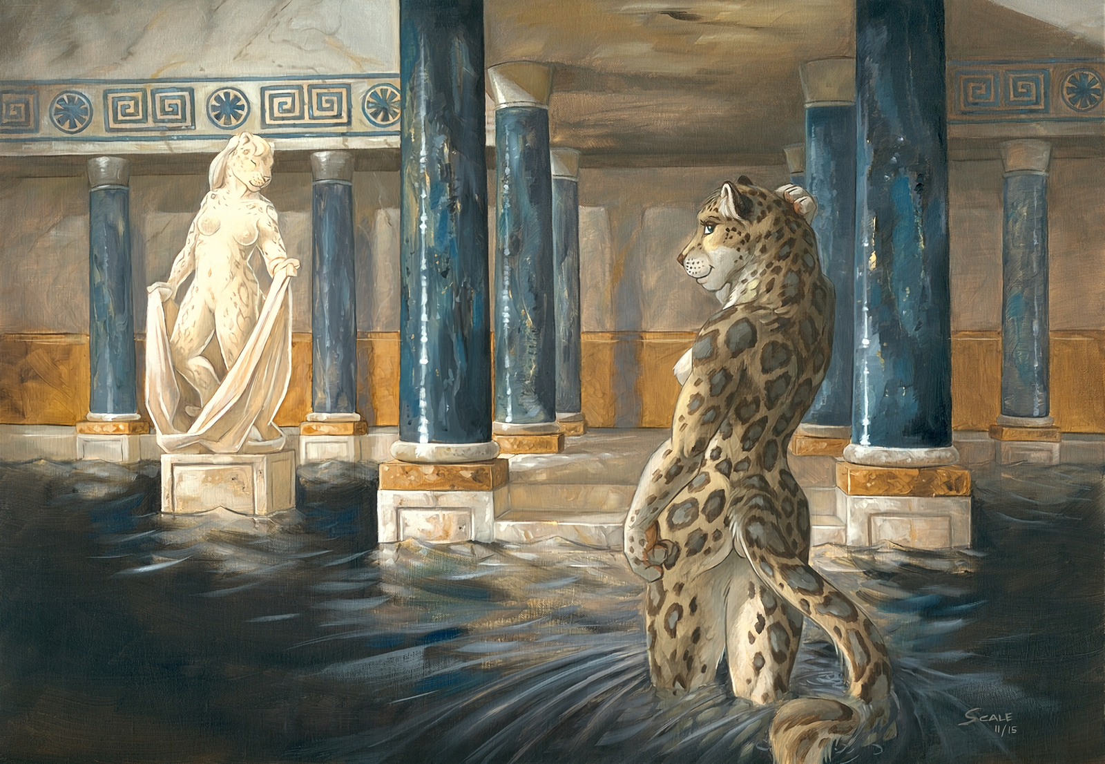 Cat at the bath - NSFW, Фурри, Furry Art, Furry Feline, Furry snow leopard, Furotica, Традиционный арт, Alessio-Scalerandi, Scale