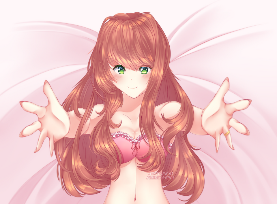 Моника аниме. DDLC Моника в кровати. Моника аниме арты. Моника в пижаме.