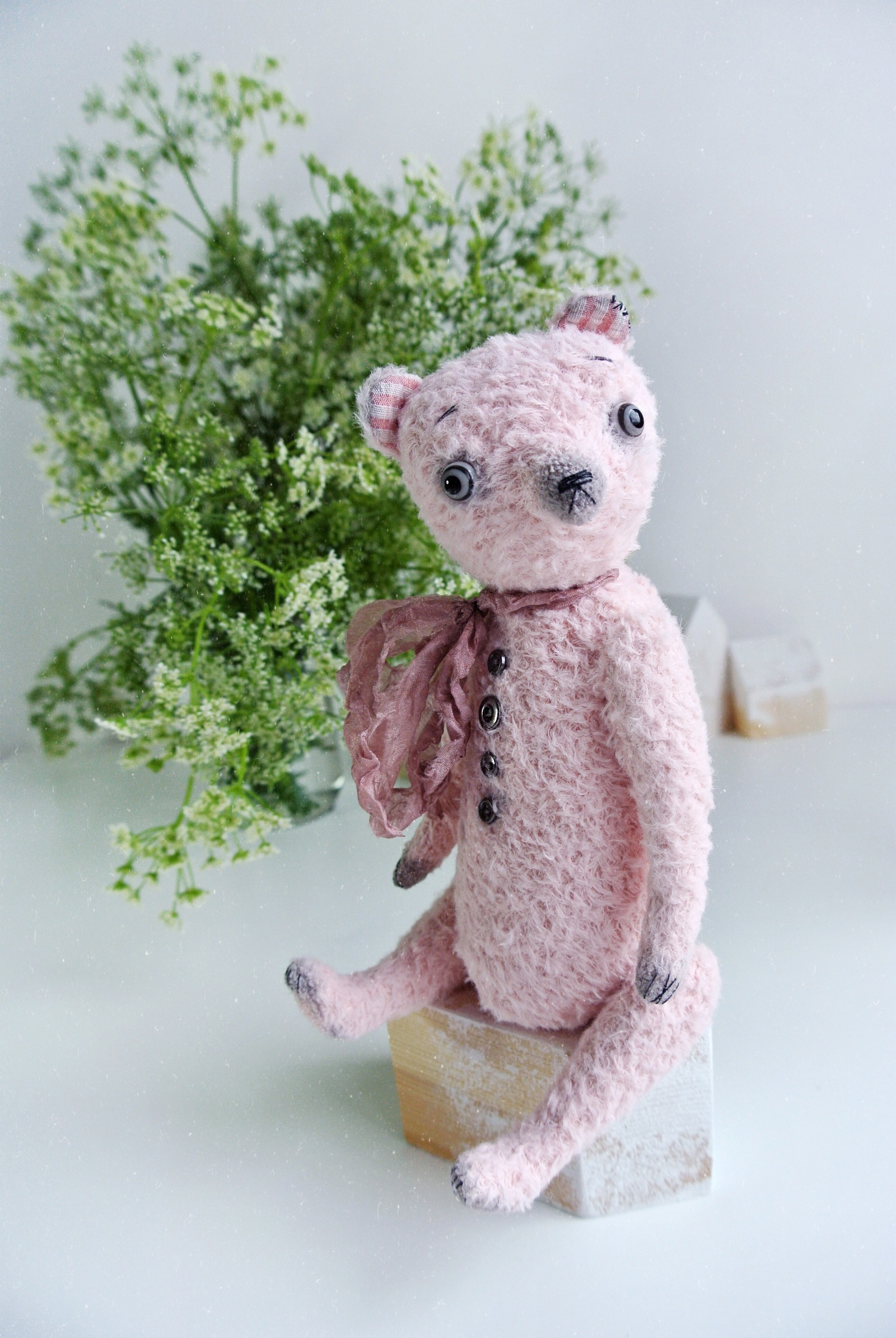 pink bear - My, Needlework without process, Author's toy, Longpost