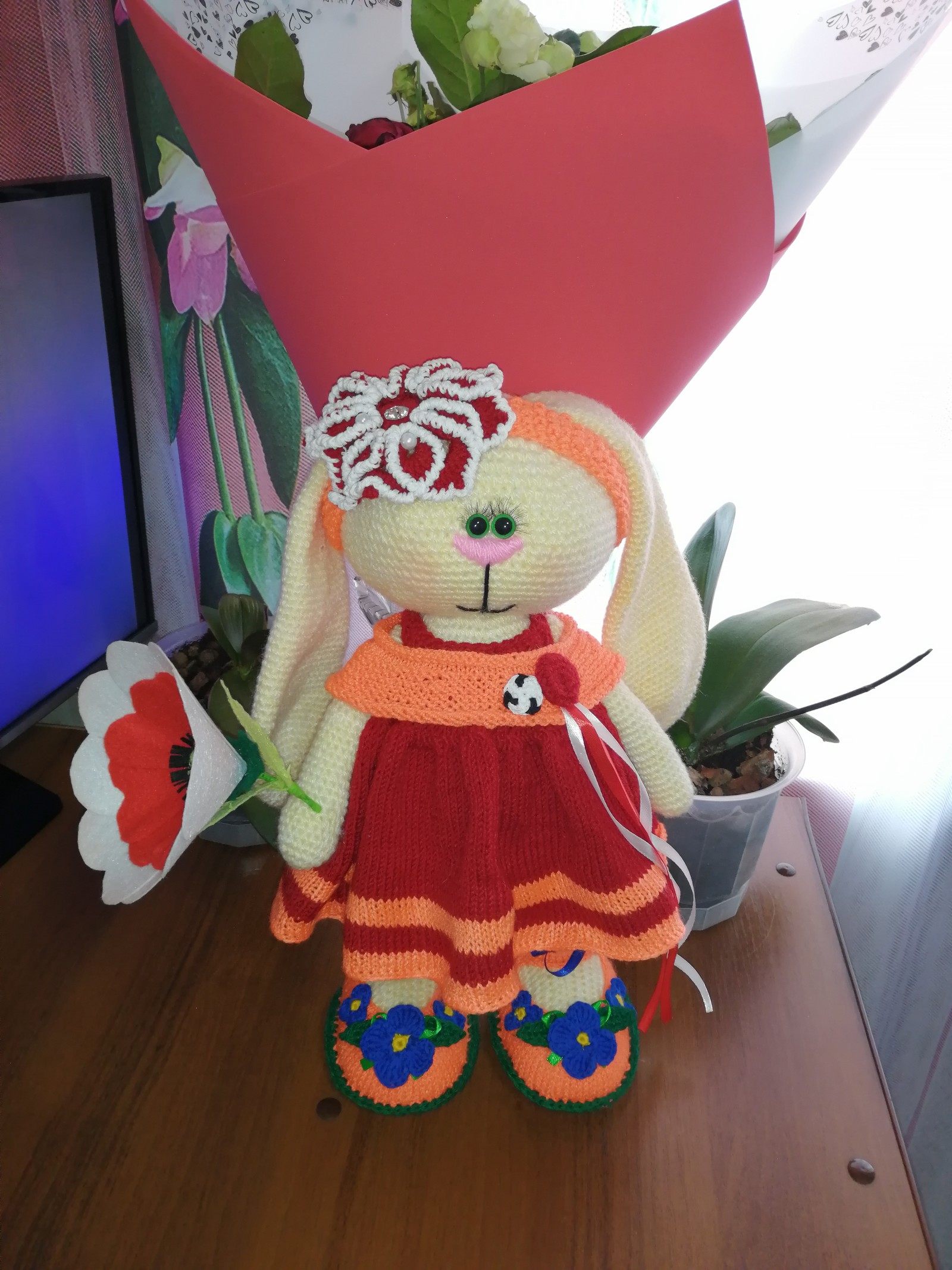 Visiting Grandma for Valentine's Day!!! - My, Amigurumi, With your own hands, Toys, Interior toy, Crochet, Hare-Tilda, Longpost