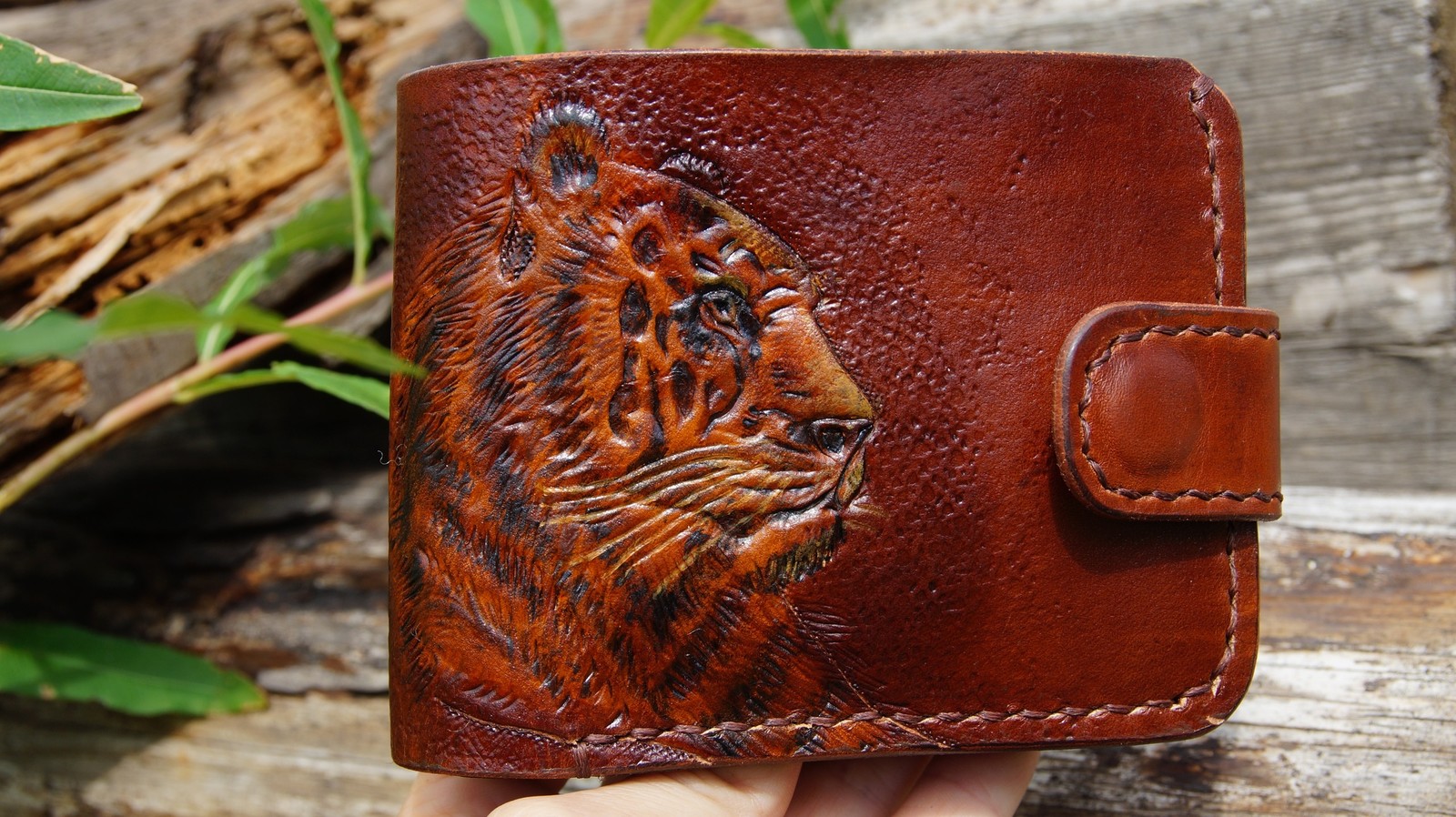 Genuine leather wallet. Tiger. - My, With your own hands, Embossing on leather, Wallet, Needlework without process, Longpost