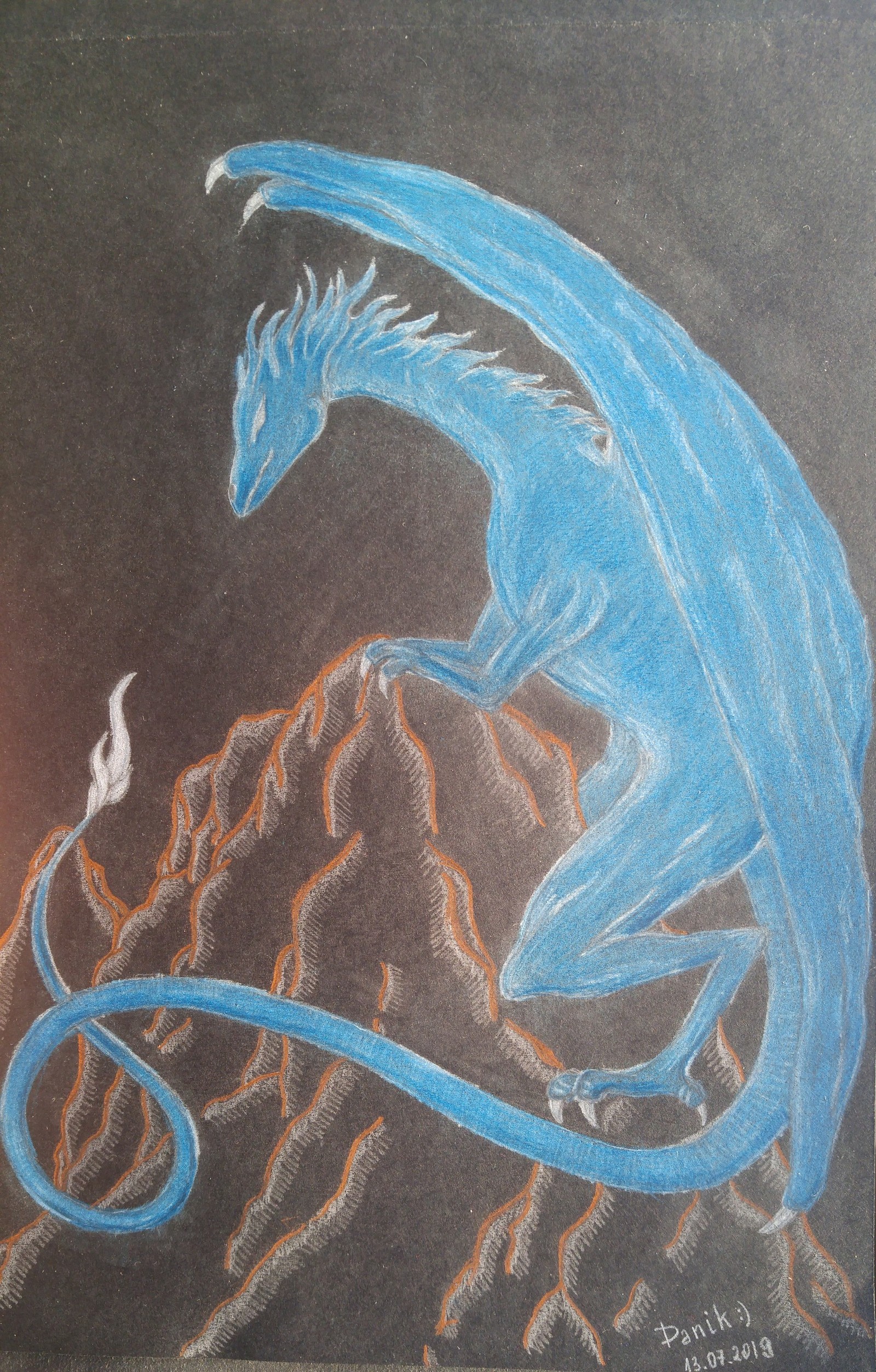 First drawing in black sketchbook - My, The Dragon, Sketchbook, Colour pencils, Blue, Beginner artist