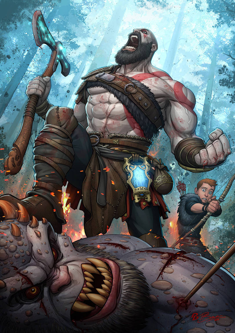 Boooooiiiiii! - Игры, Арт, Patrick Brown, God of War, Кратос, Атрей