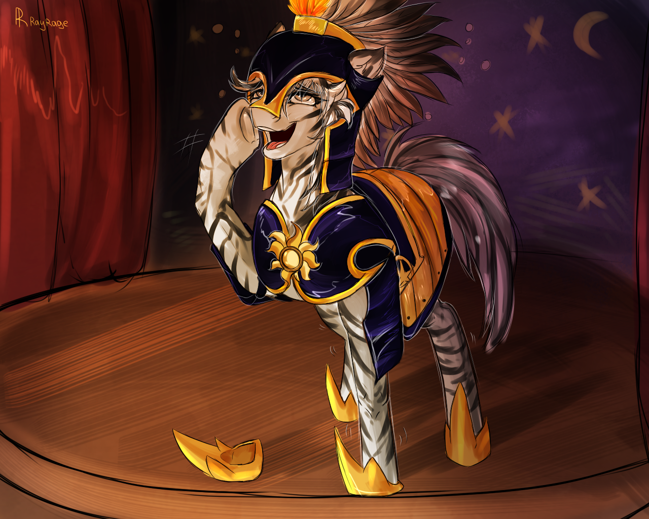 A drunken zebrul named Rengi tries on someone else's armor - My little pony, Drawing, Armor, Pose, MLP Zebra