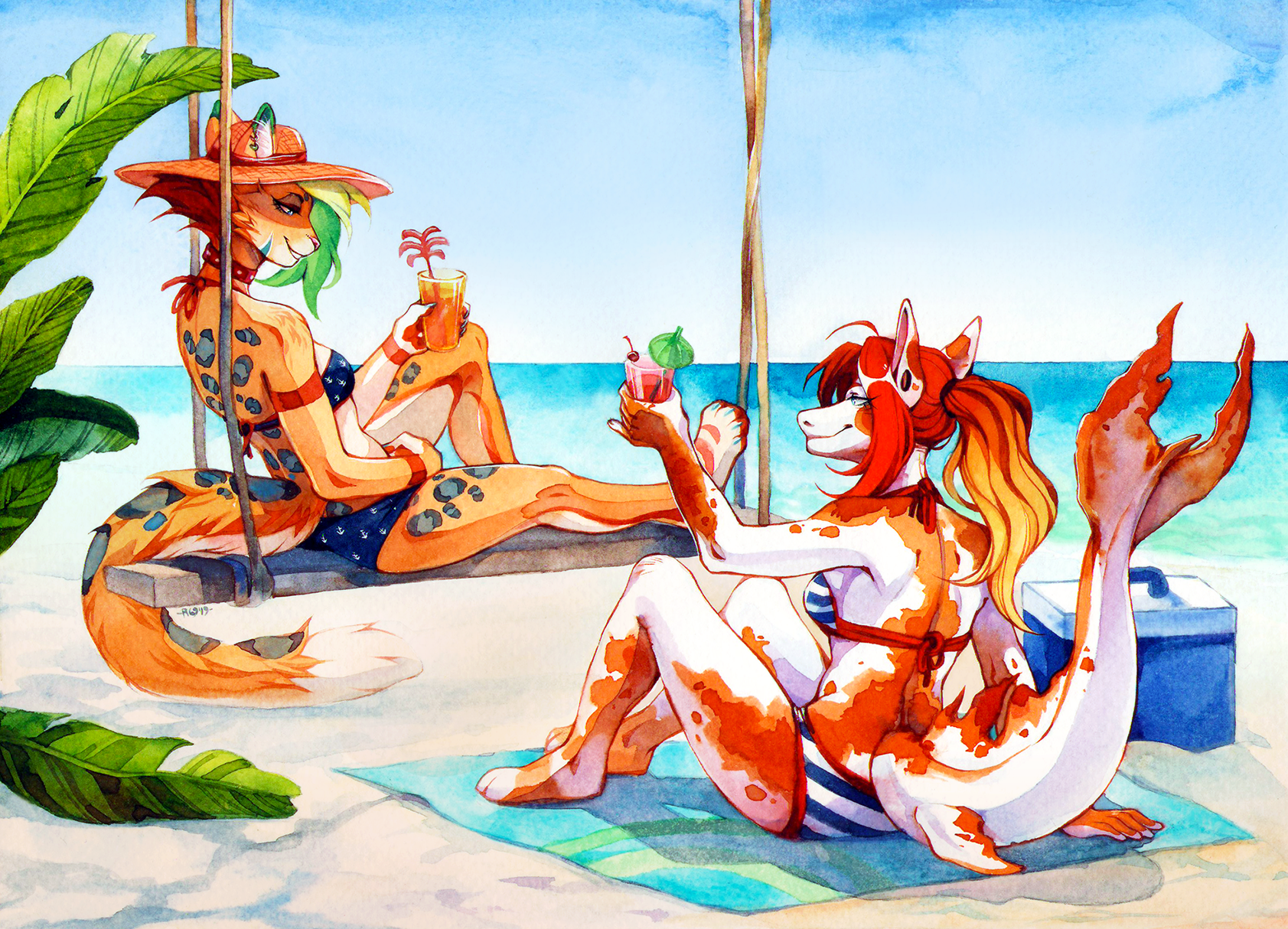 Summer - Furry, Art, Furry edge, Rinkusu69, Watercolor, Traditional art, Sea, Summer