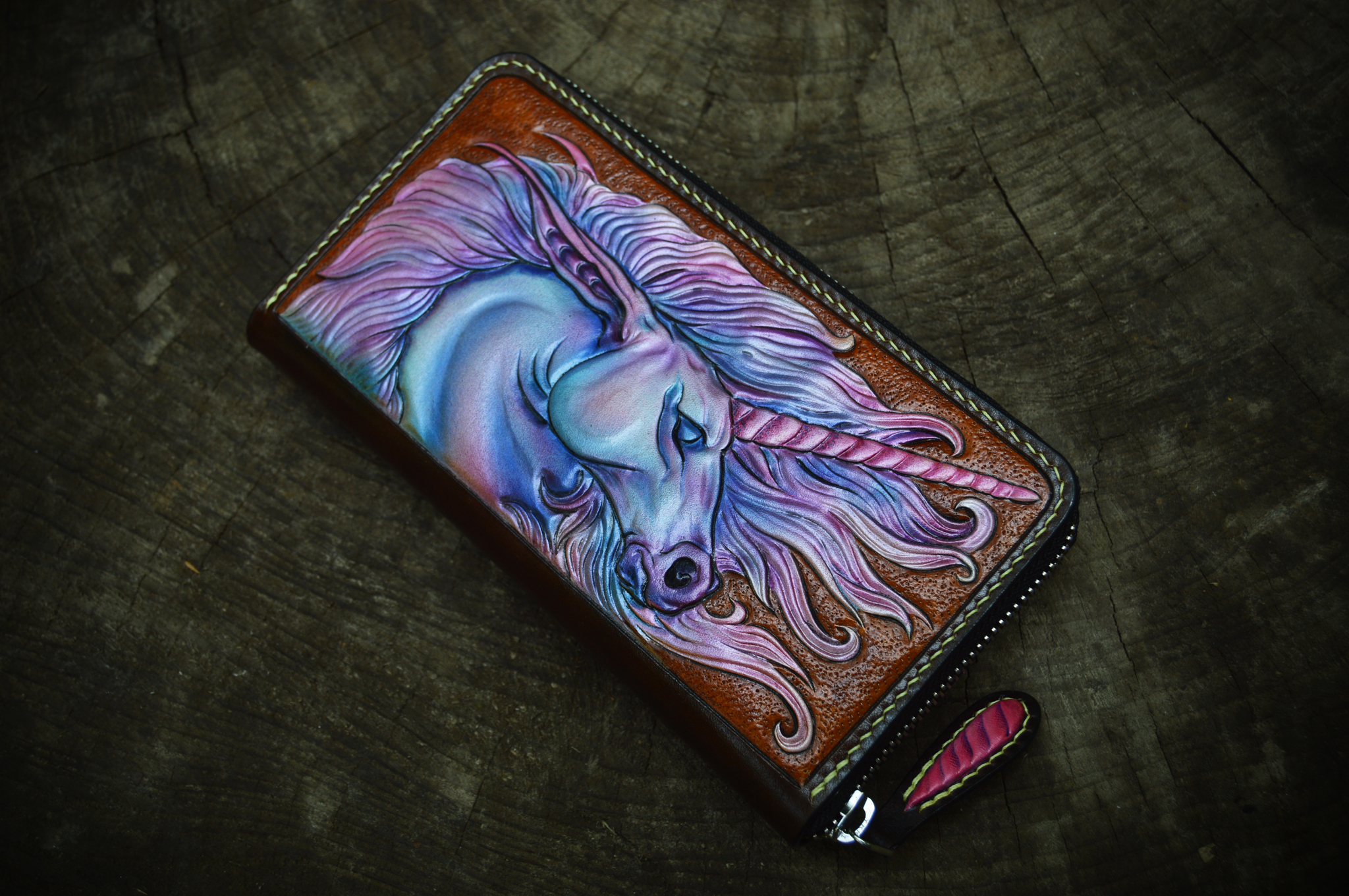 Unicorn. Long purse. - My, Unicorn, Leather, Embossing on leather, Wallet, Patterns, Longpost