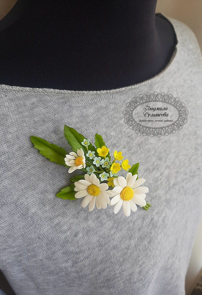 Handmade brooch - Brooch, Handmade, Needlework without process, Creation, Polymer clay, Chamomile, Forget-me-nots, Longpost