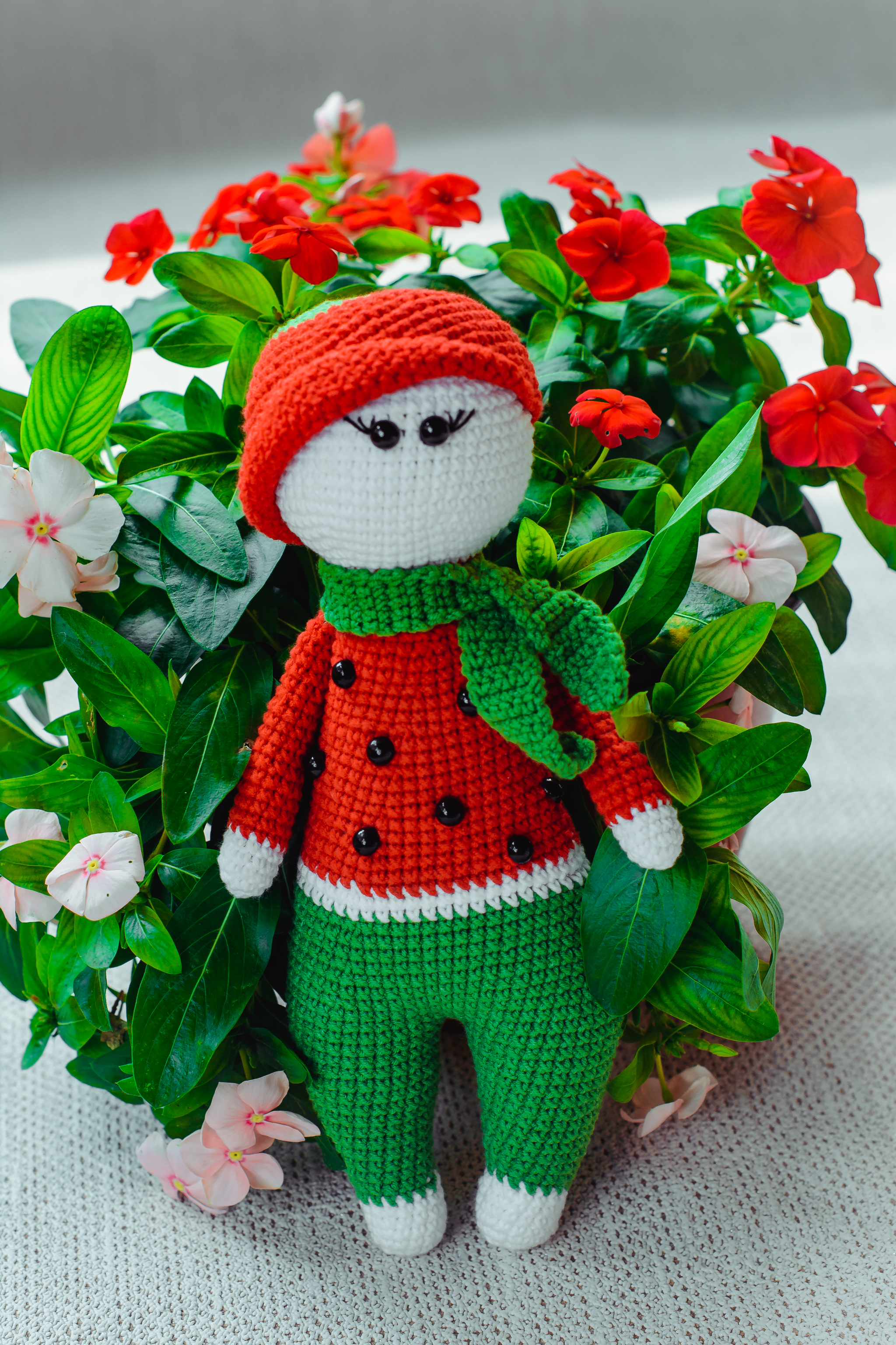 My summer doll is a watermelon girl - My, Knitted toys, Amigurumi, Author's toy, Needlework without process, Longpost