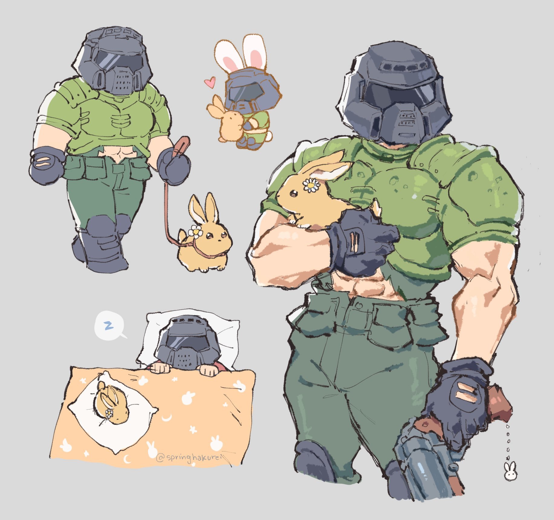 Doomguy and his rabbit - Doomguy, Art, Rabbit, Doom, Games, Milota