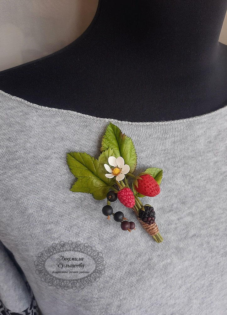 Berry brooch - Brooch, Cold porcelain, Polymer clay, Needlework without process, Berries, Handmade, Longpost