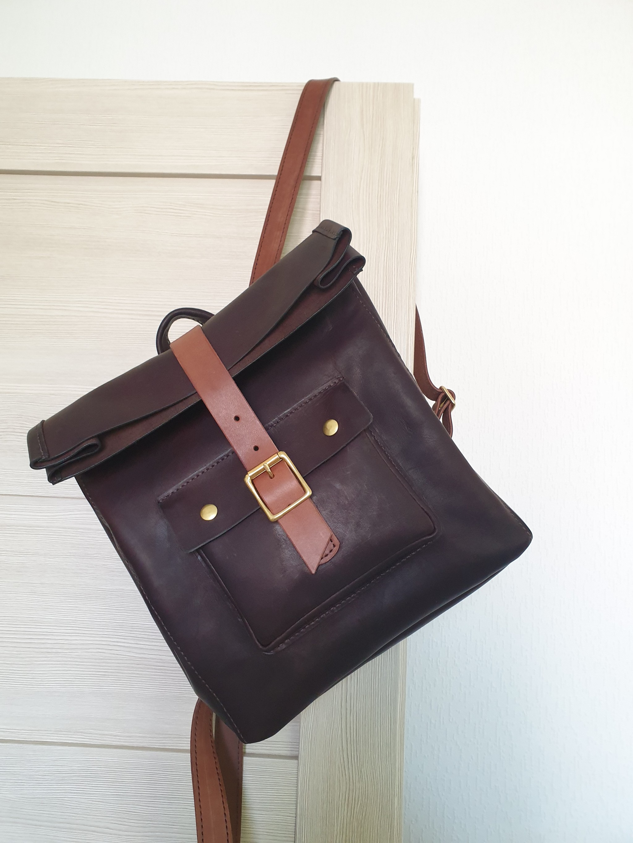 First leather backpack - My, Leather craft, Longpost, Leather products, Backpack, Leatherwork, Handmade, Hobby