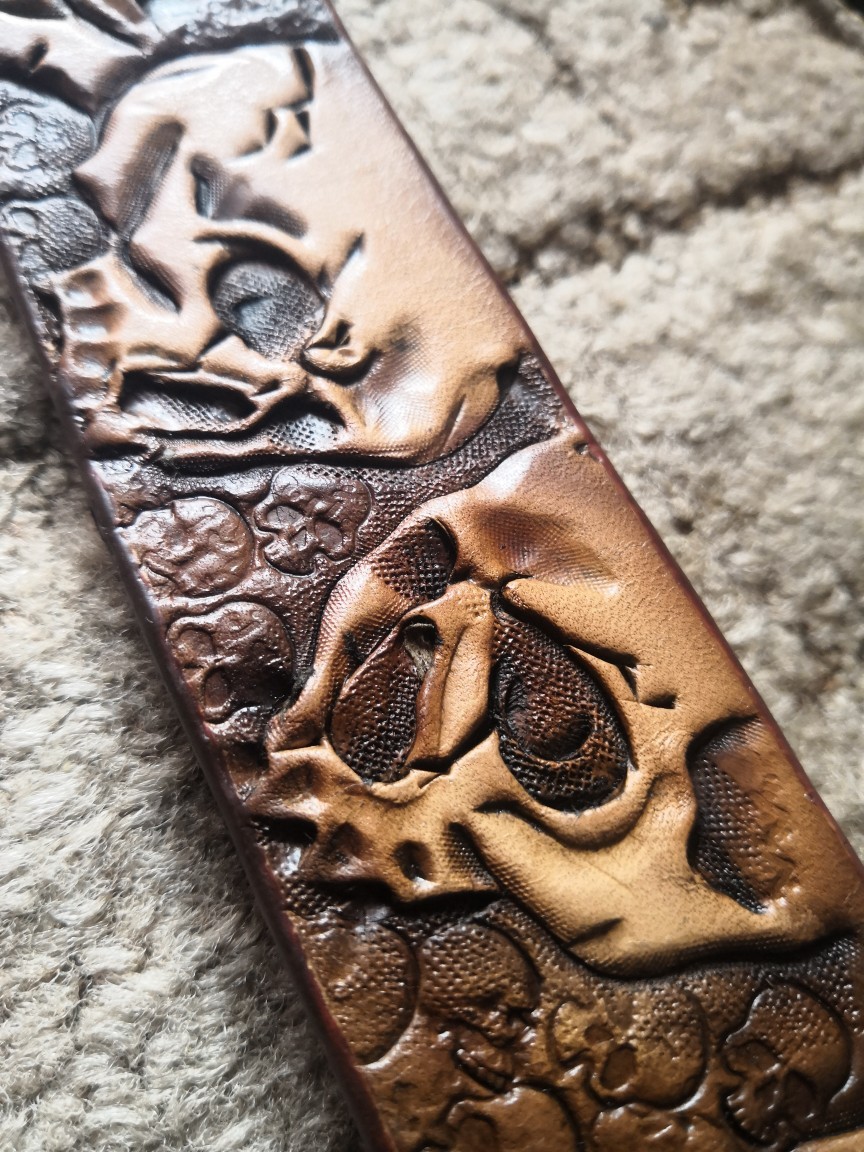 Leather belt with skulls - My, Leather craft, Leather, Leather products, Handmade, Longpost, Belt