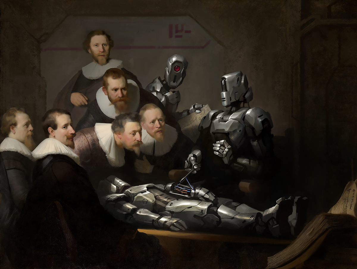 'Rembrandt and androids' - My, Rembrandt, Art, Digital drawing, Cyberpunk, Cyborgs, Dr. Tulp's Anatomy Lesson