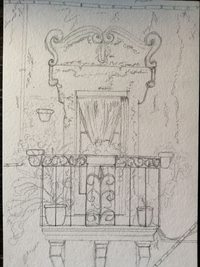Balcony - My, Sketch, Micron, Balcony, Italy, Longpost, Watercolor, Drawing
