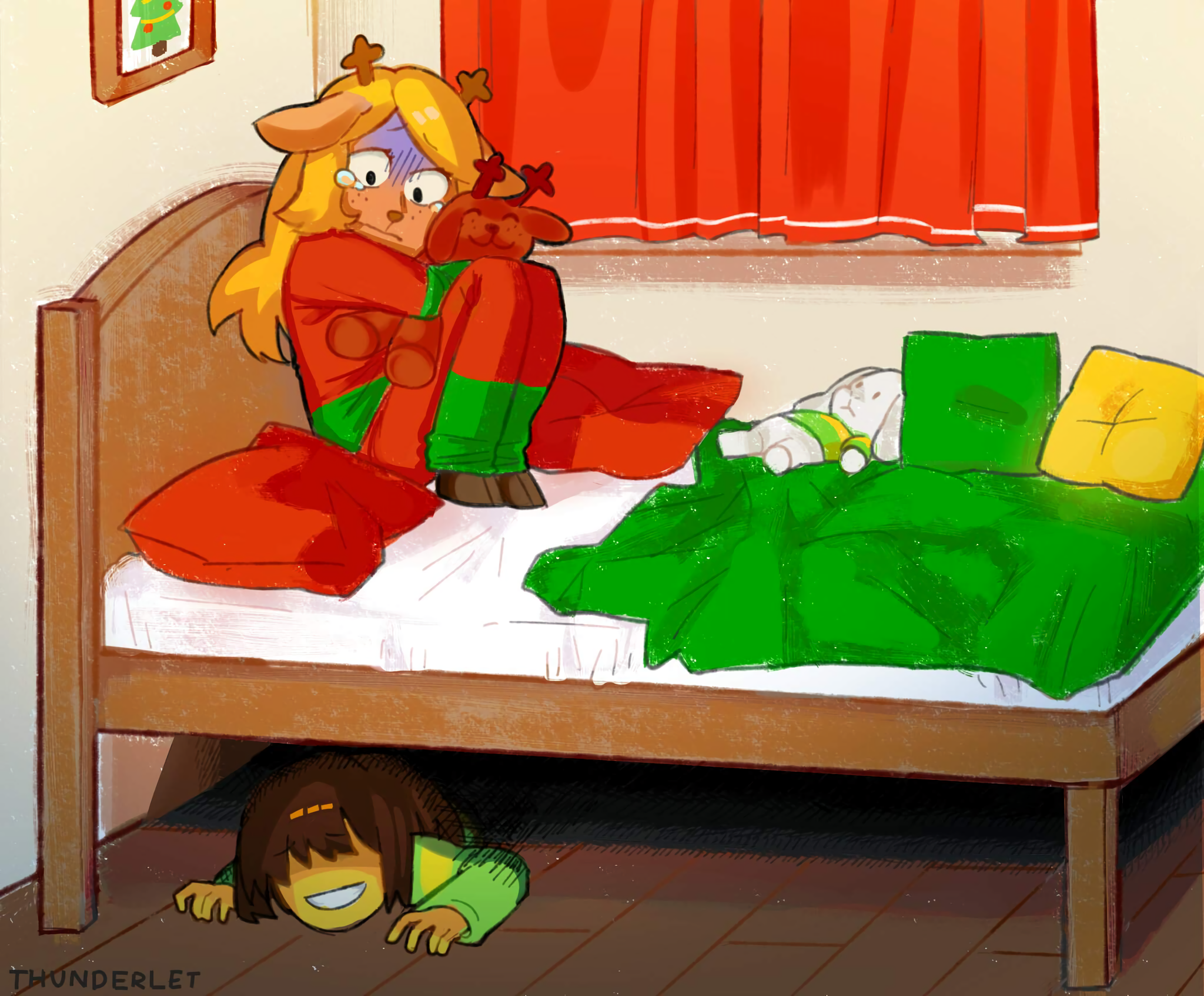 man under the bed - Deltarune, Noelle, Kris, Monster, Person, Monster under the bed, Art, Games