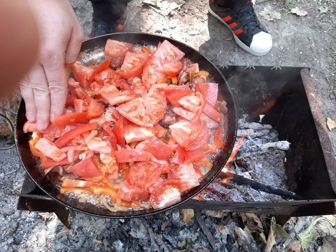 Яичница с помидорами. - Моё, Яичница, Готовка на костре, Готовка на природе, Длиннопост