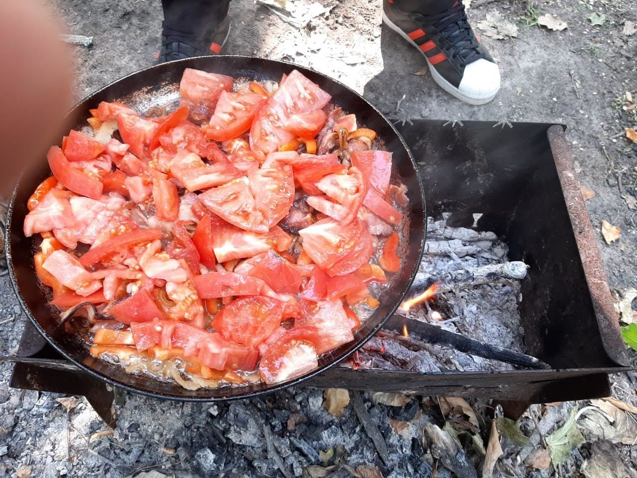 Яичница с помидорами. - Моё, Яичница, Готовка на костре, Готовка на природе, Длиннопост