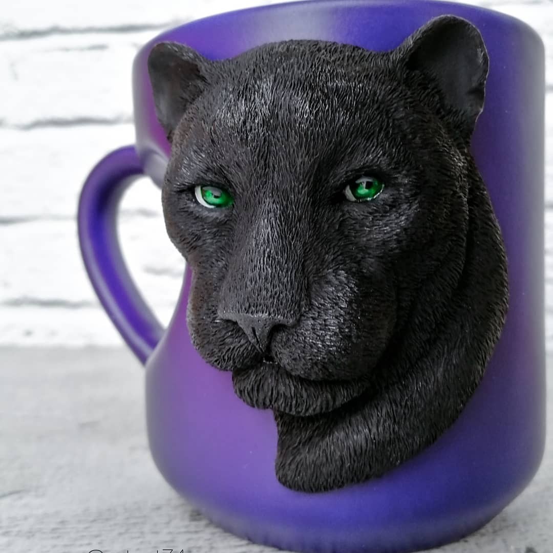 Panther made of polymer clay on a mug - My, Polymer clay, Mug with decor, Кружки, Panther, With your own hands, Handmade, Portrait by photo, Longpost