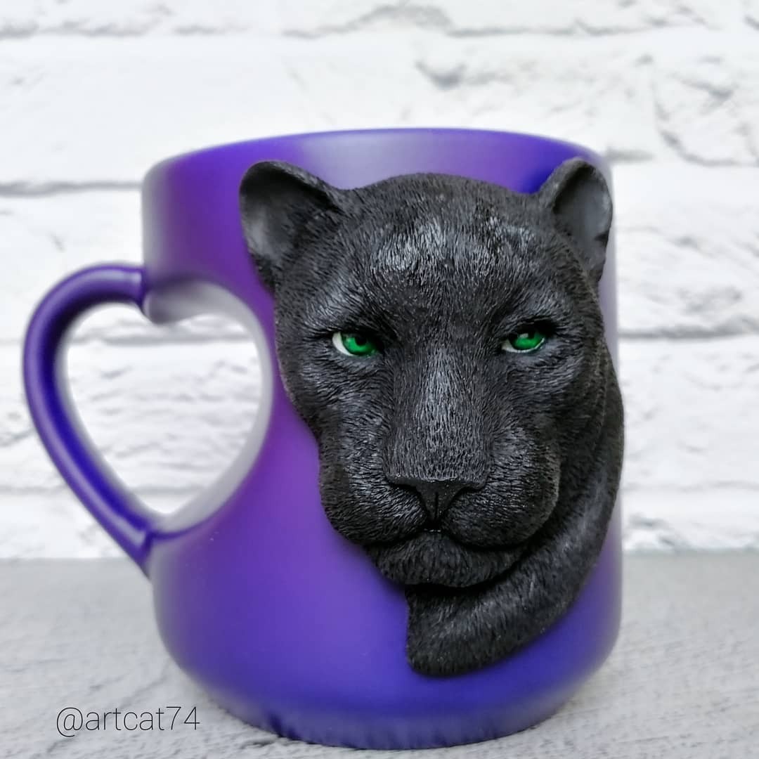 Panther made of polymer clay on a mug - My, Polymer clay, Mug with decor, Кружки, Panther, With your own hands, Handmade, Portrait by photo, Longpost