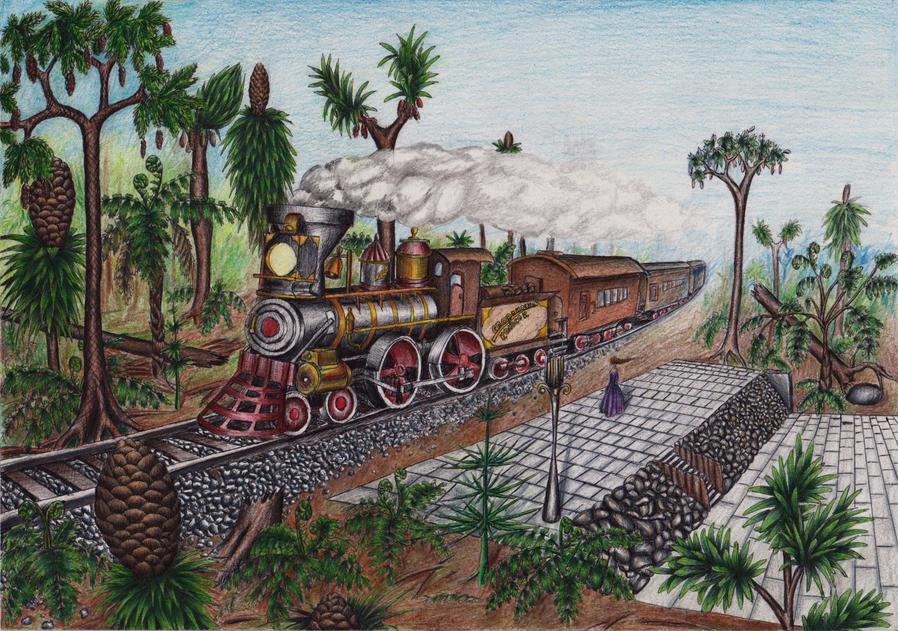 Steam locomotive and paleobotany - My, Drawing, Fantasy, Paleoart, Locomotive, Railway, , Fantasy