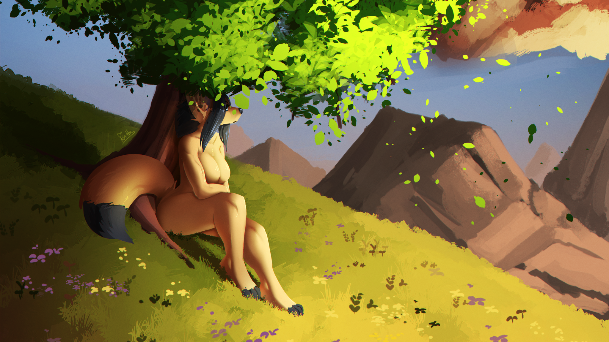 A tree, a hill and a fox - NSFW, Furry, Anthro, Art, Feretta, Fenfen, A Tale of Tails, Furry edge, Longpost