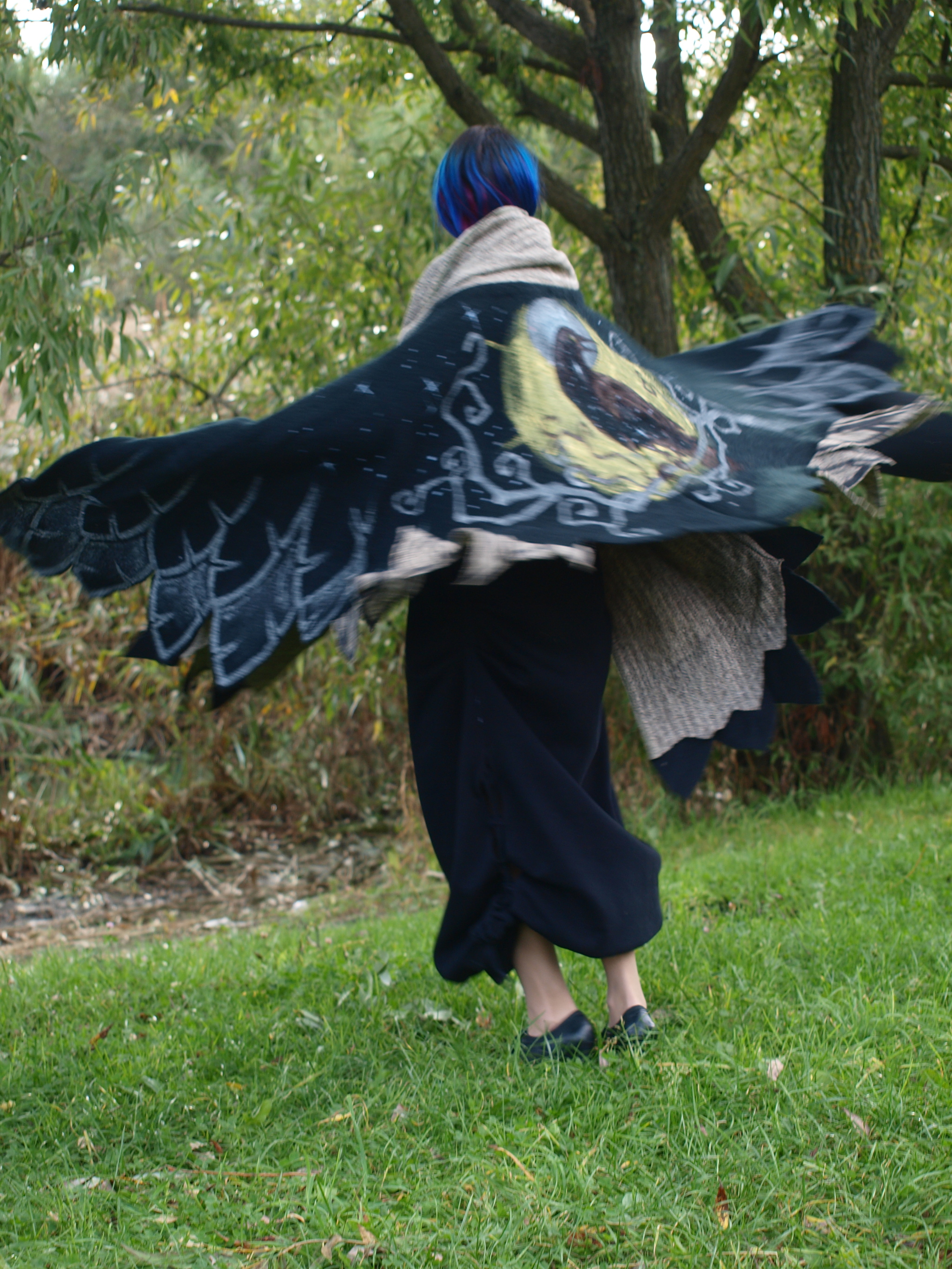 Shawl-wings Crow - My, Kai Yara, Warm clothes, Painting on fabric, Shawl, Boho, Fairy, Halloween, Longpost, Crow