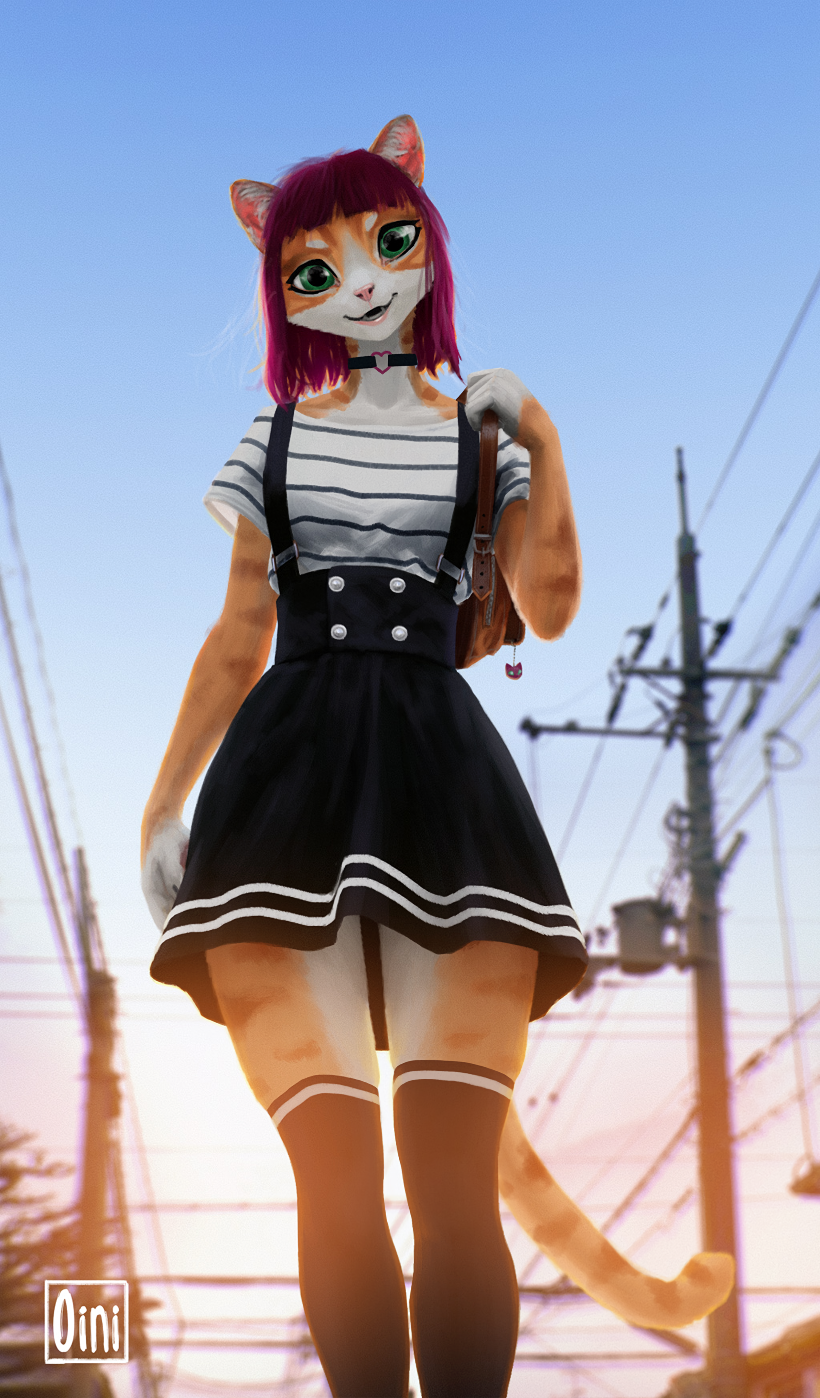 Walking me home? - Furry, Furry art, Furry feline, Furry cat, Schoolgirls, Sunset, Oini