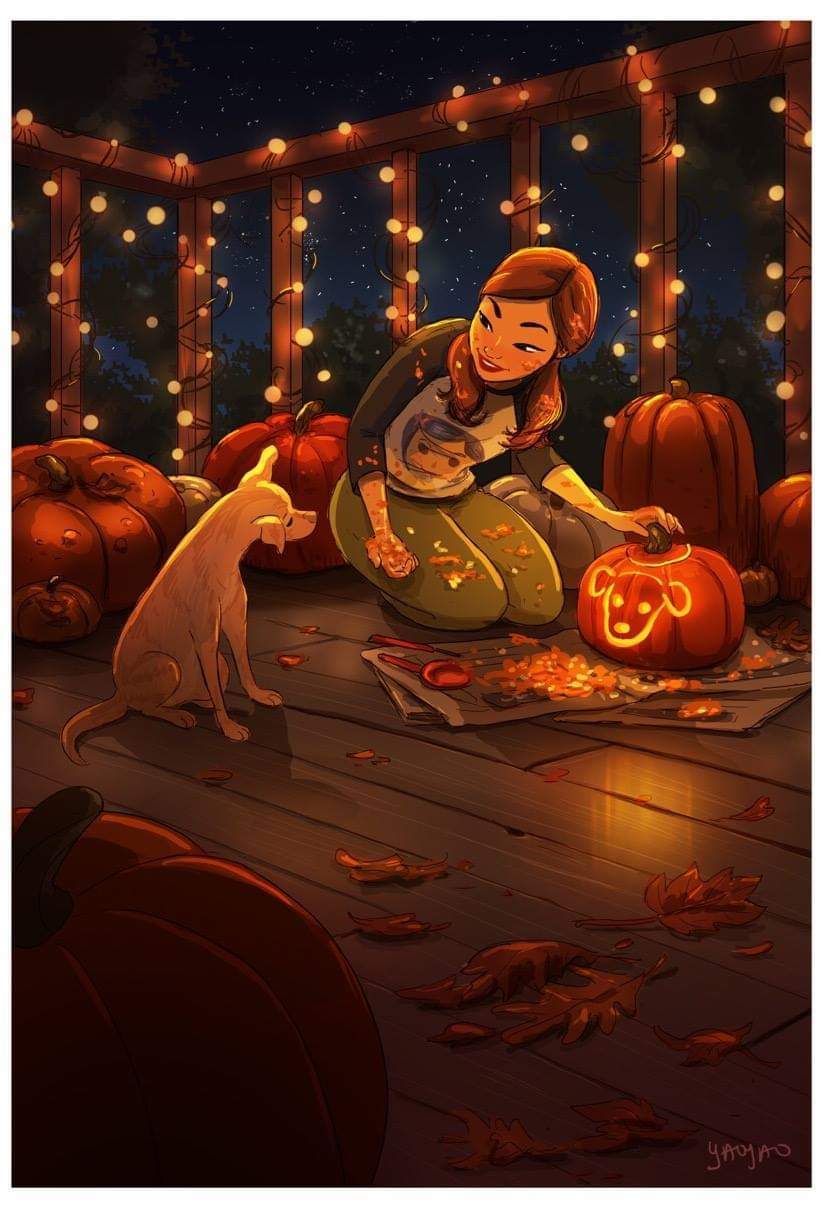 Autumn.. - Art, Yaoyaomva, Girls, Dog, Autumn, Drawing, Nature, Longpost