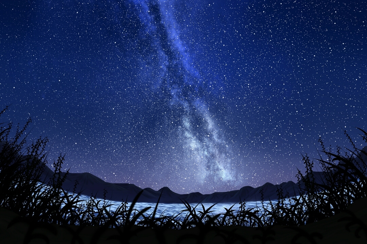 Starry sky - Art, Landscape, Sky, Starry sky, Night, Milky Way, Falling star, Pixiv, Longpost, Starfall