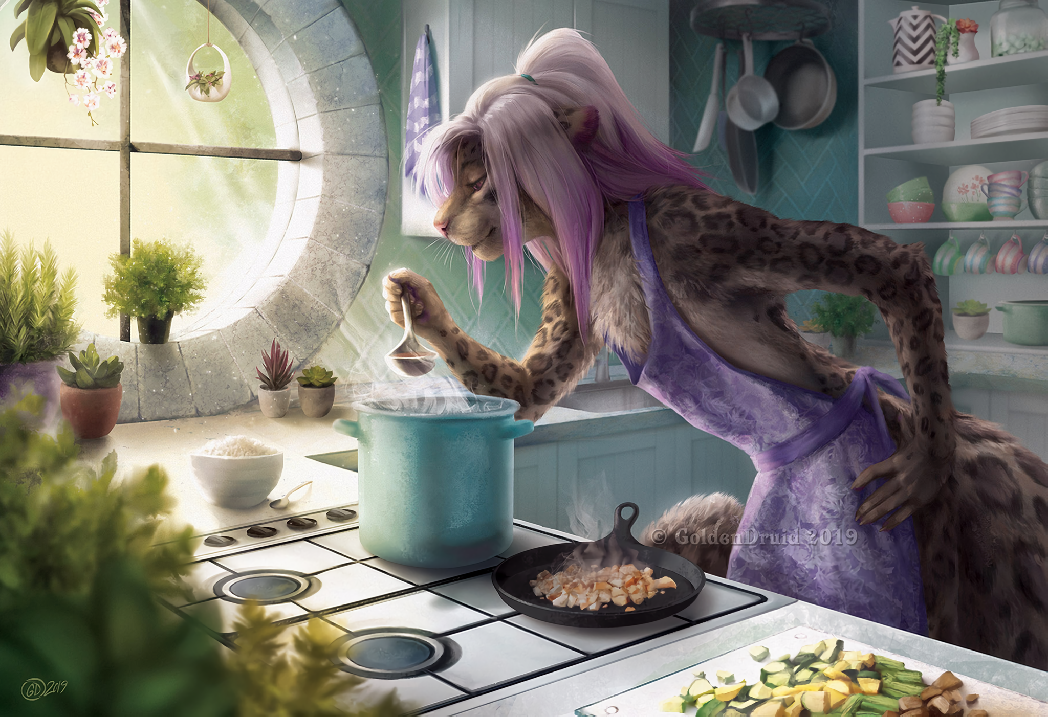 Afternoon Meal - Furry, Furry art, Furry feline, Furry snow leopard, Preparation, Goldendruid