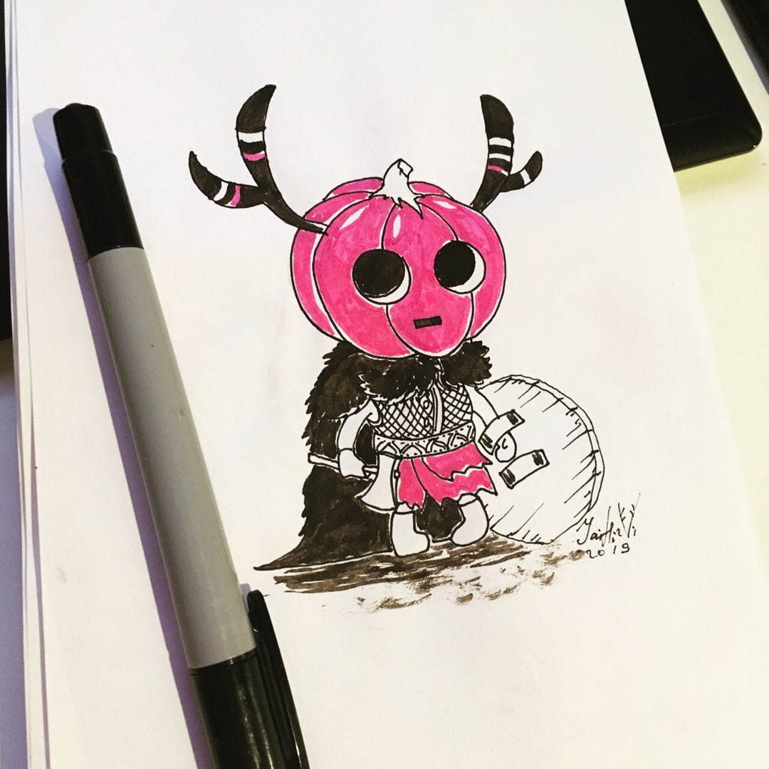 pumpkin war - My, Drawing, Pumpkin, Warrior, Викинги, Horns, Illustrations, Jaihirvi