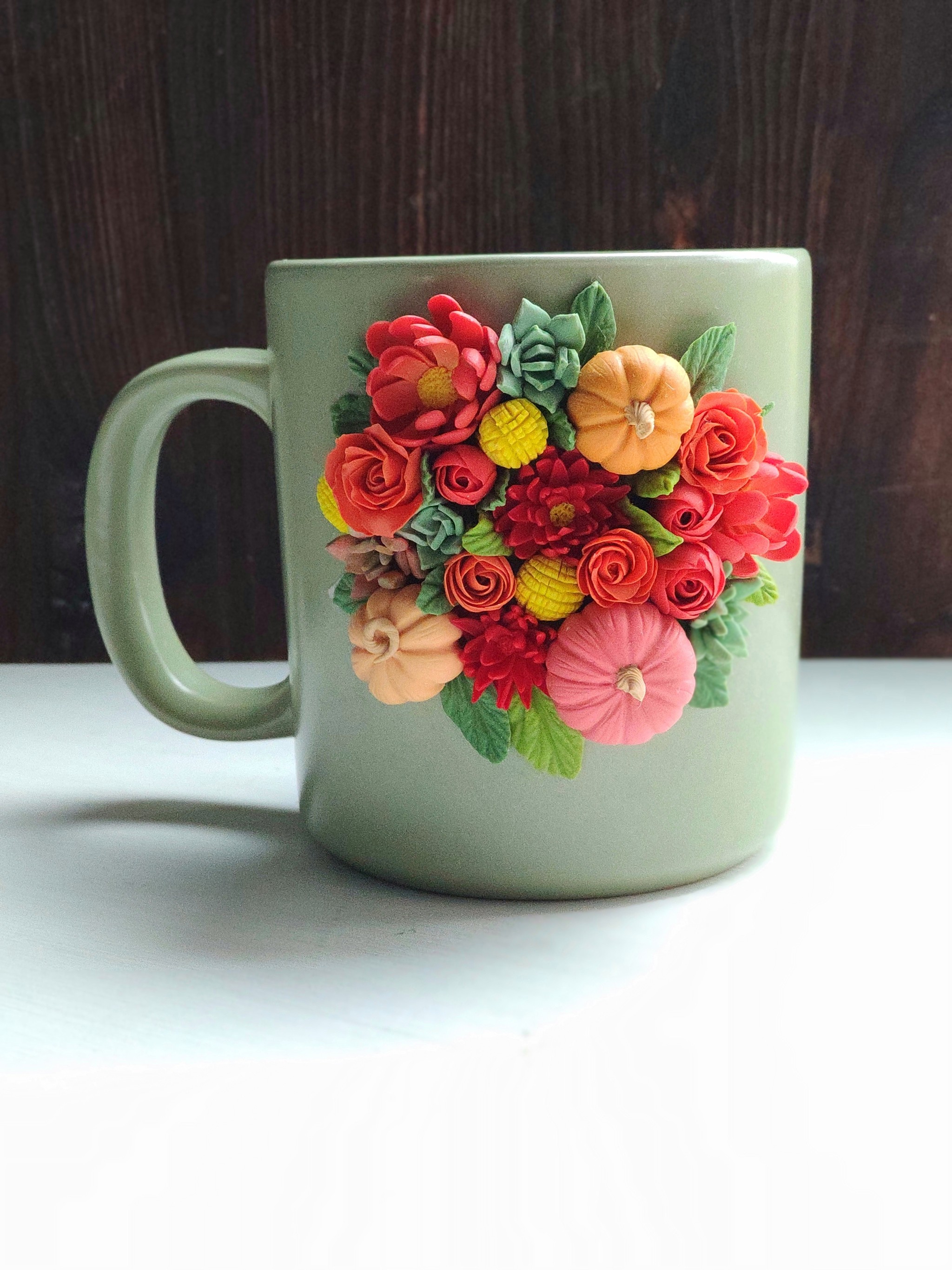 Bright autumn - My, Polymer clay, Mug with decor, Pumpkin, Autumn, Needlework without process, With your own hands