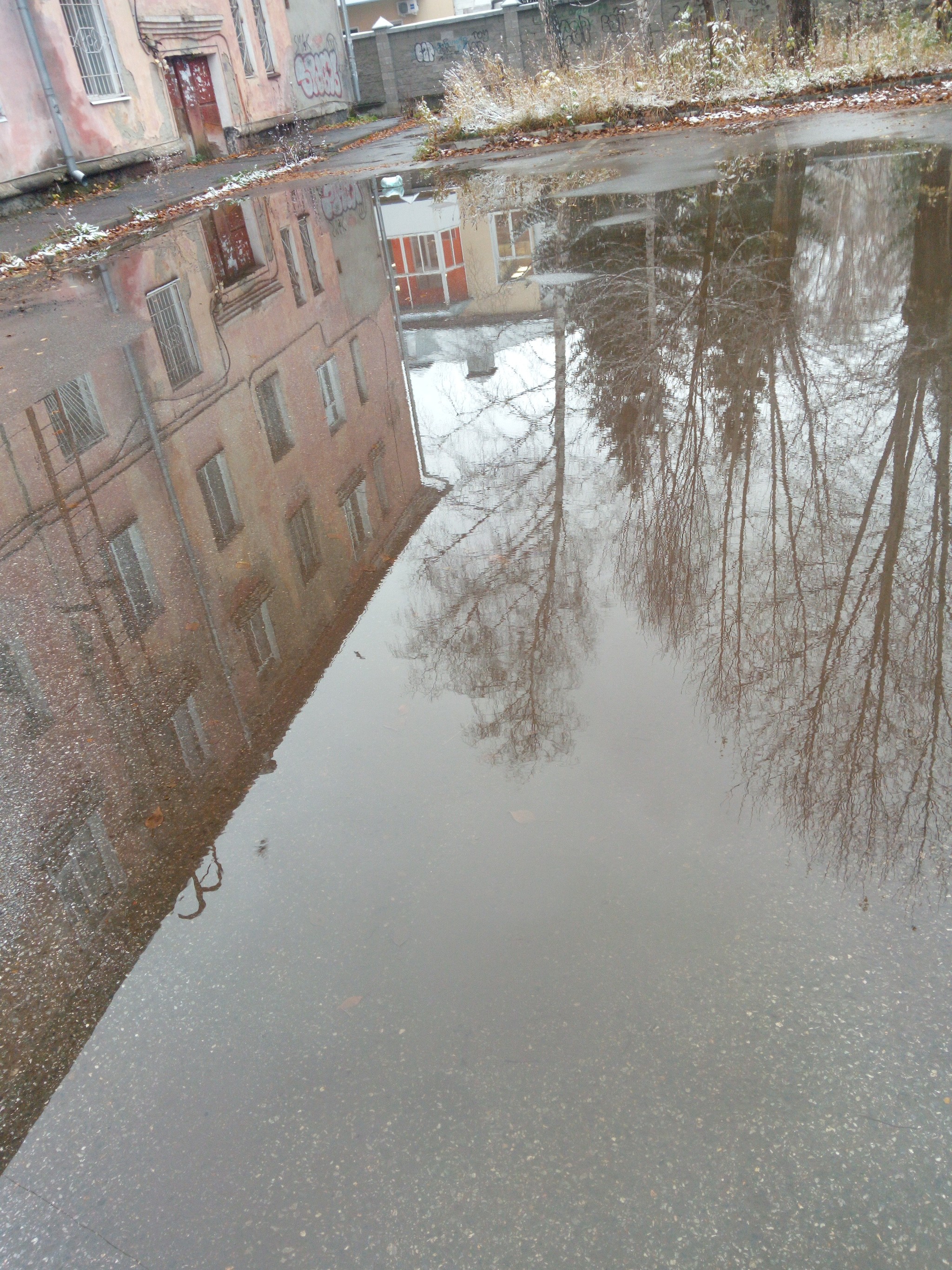 Puddle and some first snow - My, Tomsk, Photo on sneaker, , Autumn, Longpost