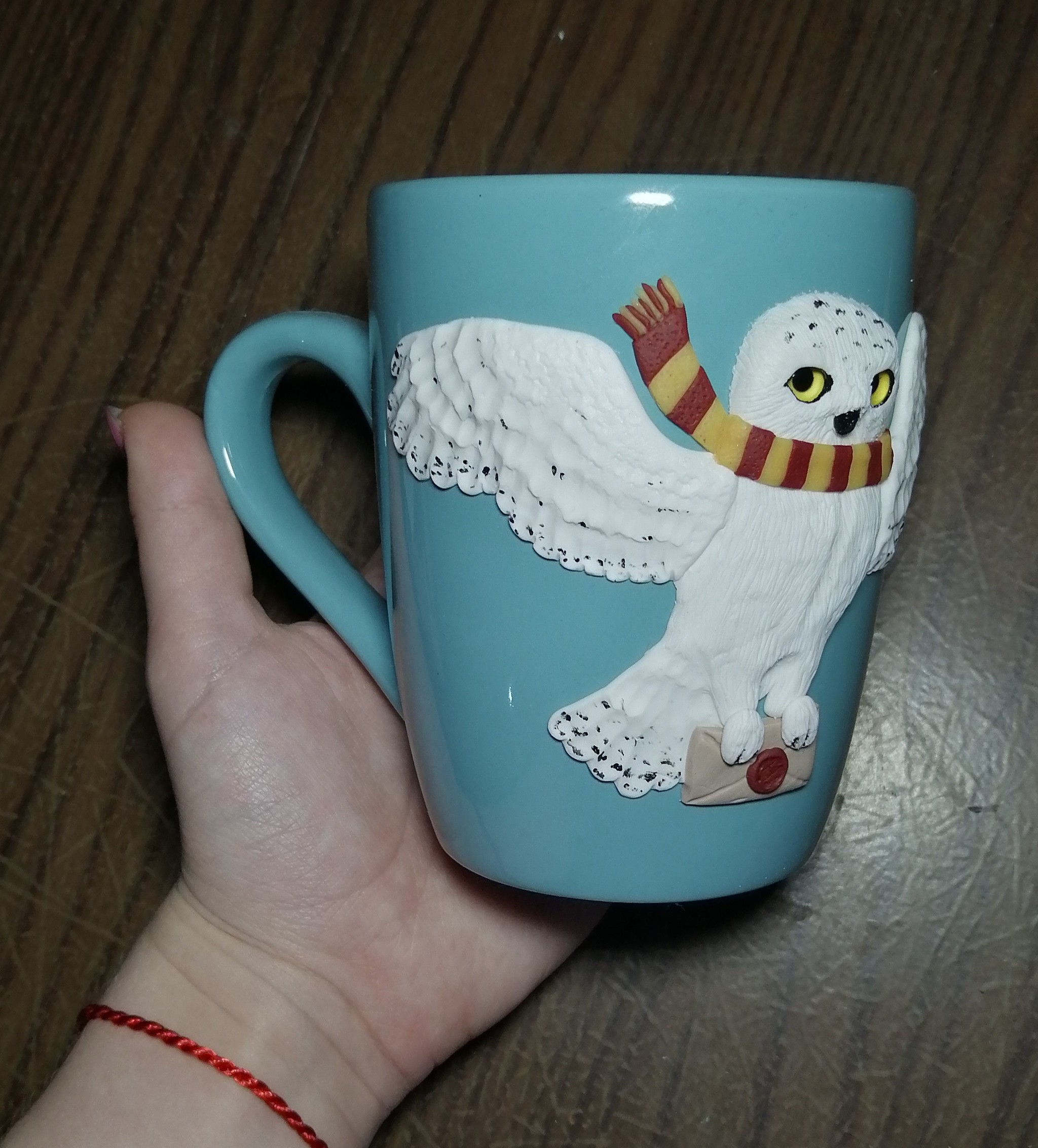 Owl mug with letter - My, Mug with decor, Handmade, Polymer clay, Needlework without process, Owl, Polar owl, Harry Potter, Longpost