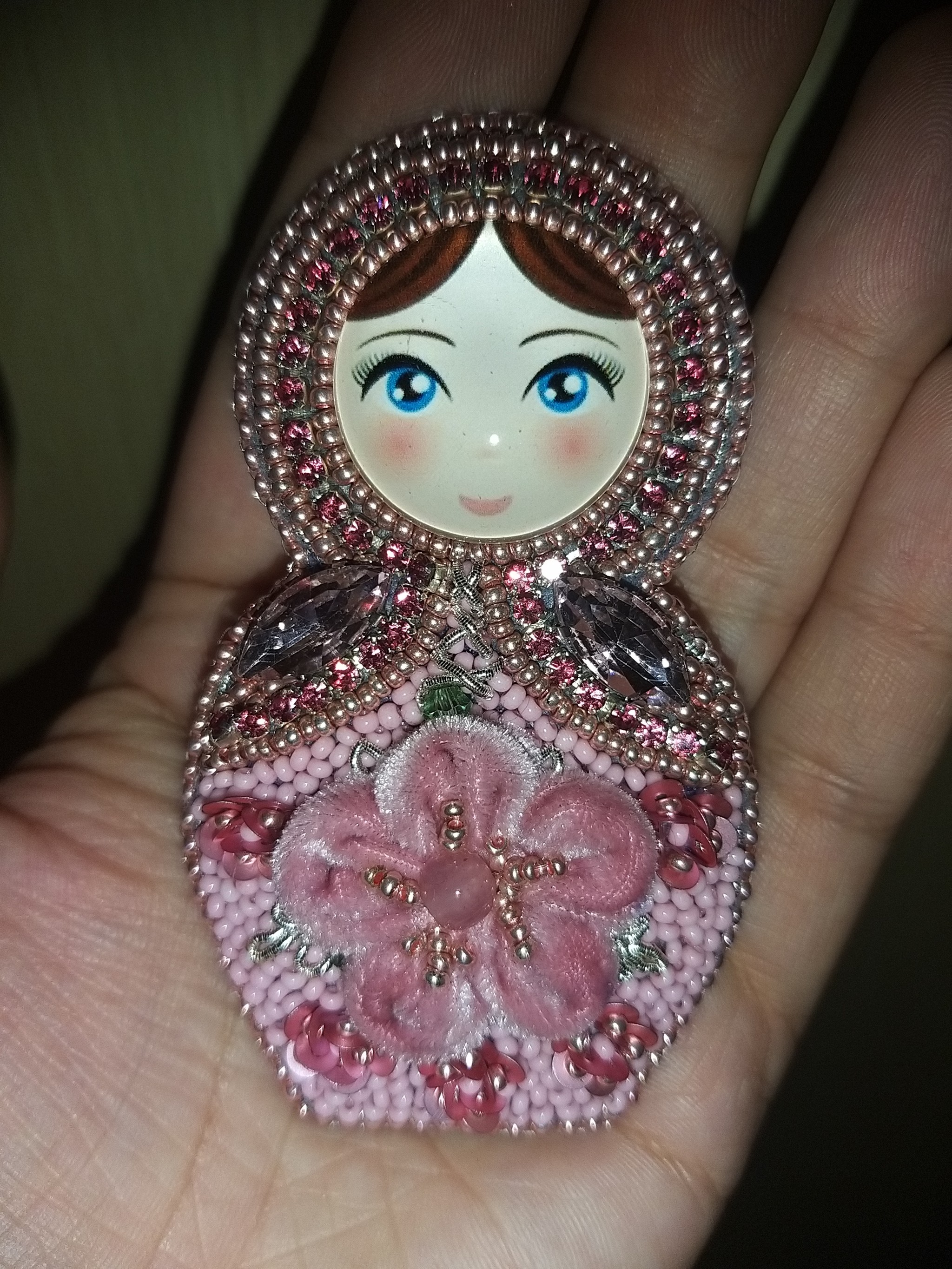 Handmade brooch - My, Brooch, Needlework, Needlework without process, Matryoshka, Beads, Beadwork, Longpost