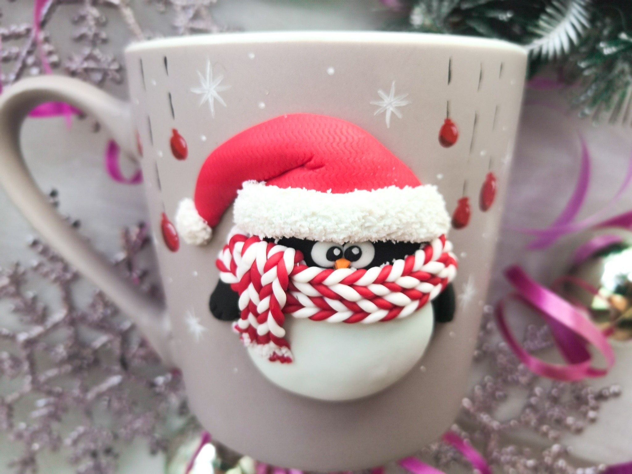 Mug decor: New Year's penguin - My, Needlework without process, Mug with decor, Penguins, Polymer clay, Longpost