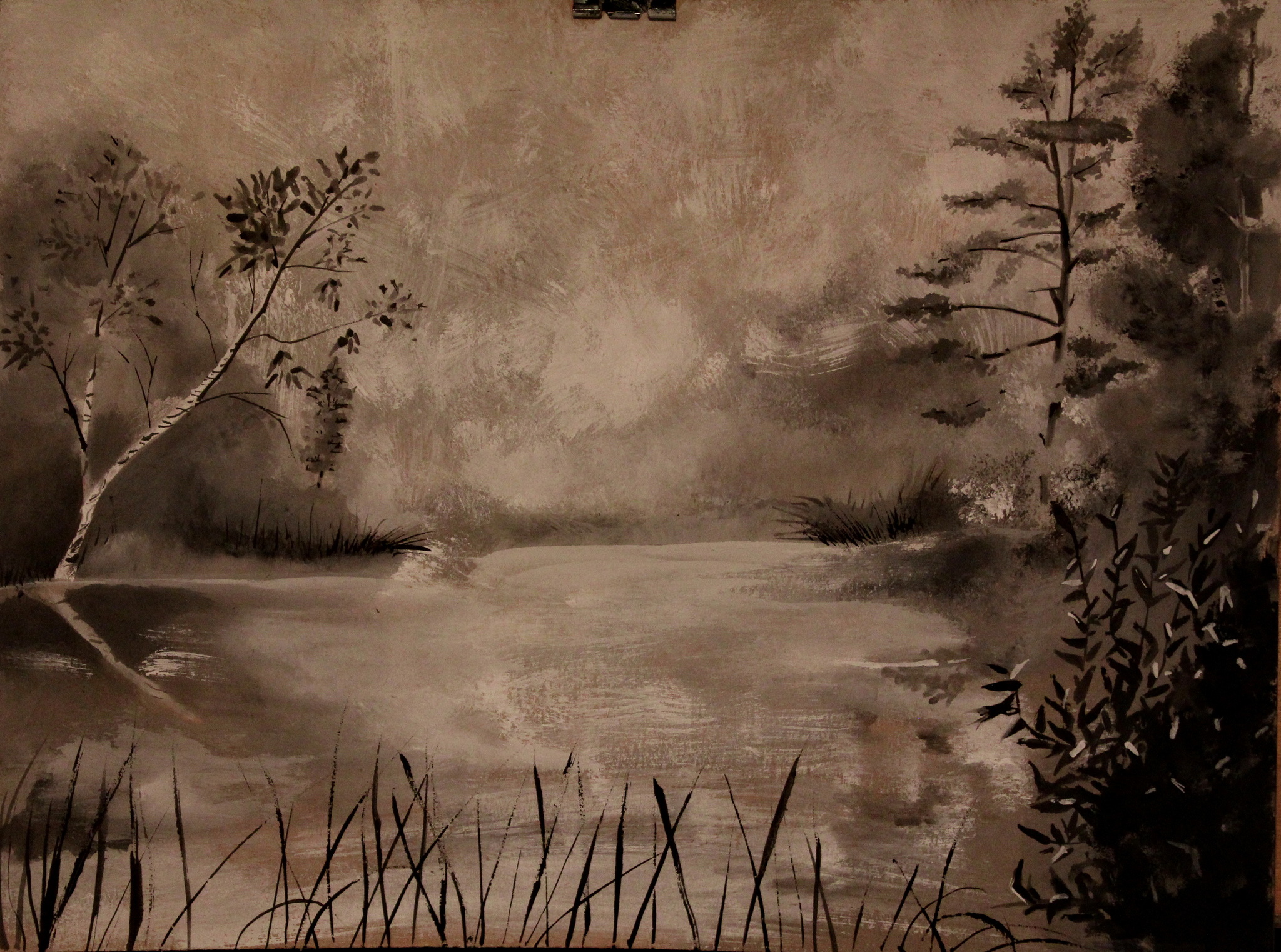 Fog - My, Gouache, Fog, Lake