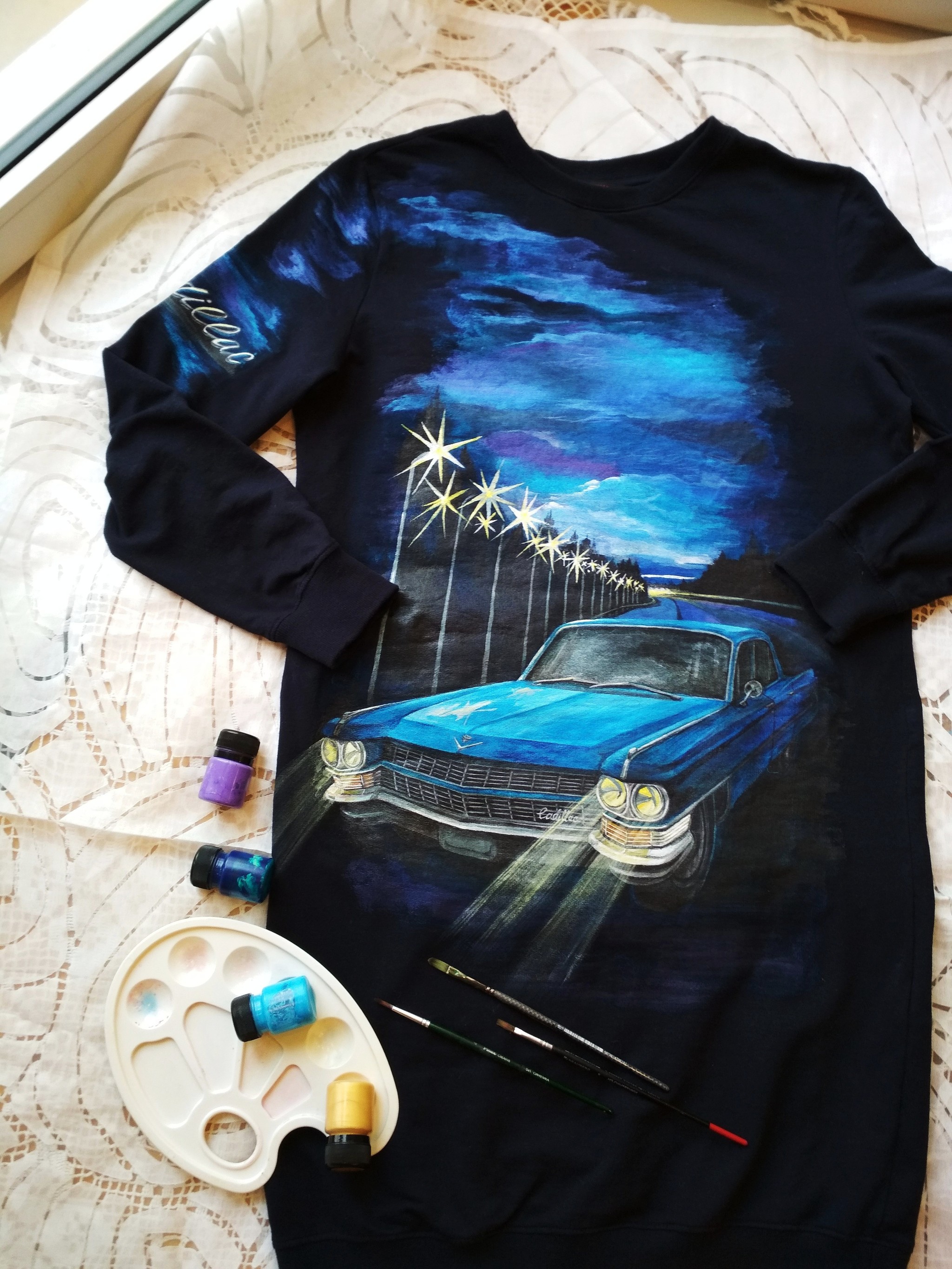 Sports dress with Cadillac Fleetwood - My, Creation, The dress, Painting on fabric, Car, Night, Longpost