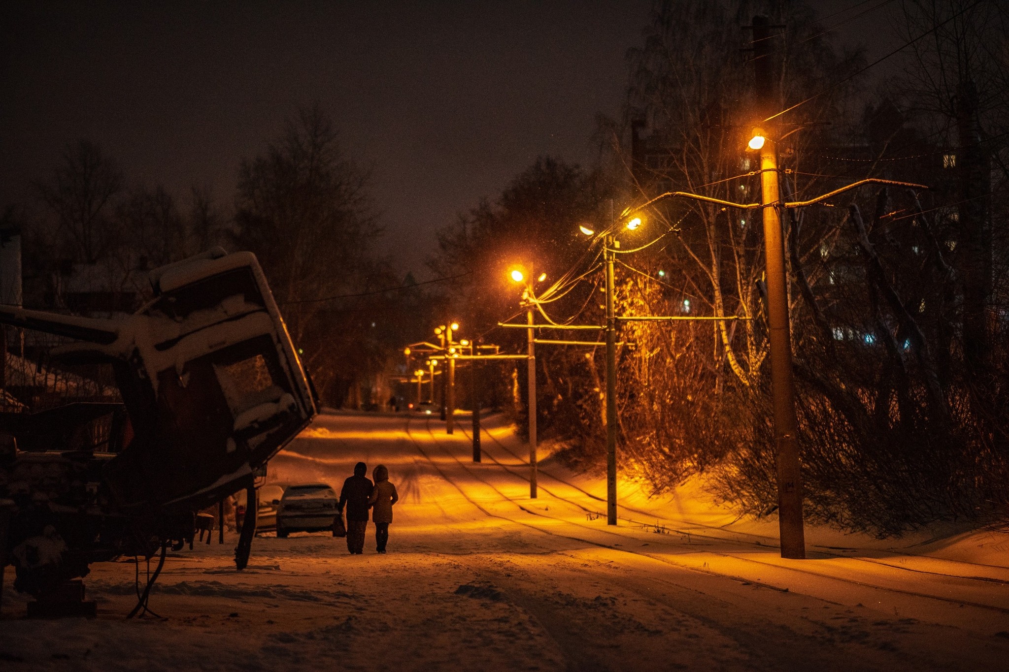 Night snowfall - My, The photo, Snow, Tomsk, Night, Bus, Longpost