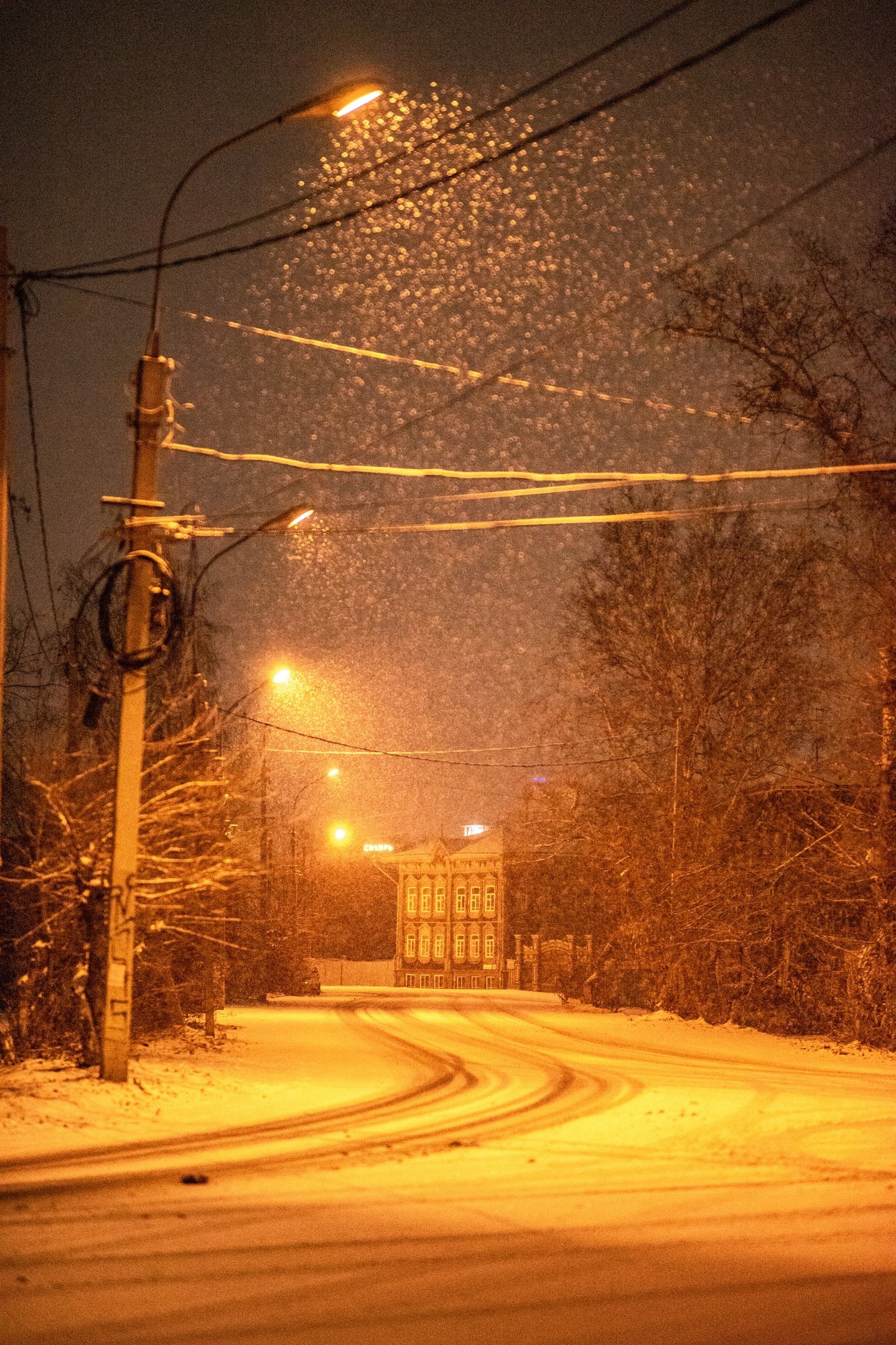 Night snowfall - My, The photo, Snow, Tomsk, Night, Bus, Longpost