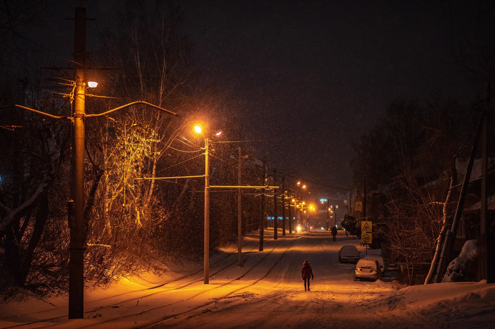 Night snowfall - My, The photo, Snow, Tomsk, Night, Bus, Longpost