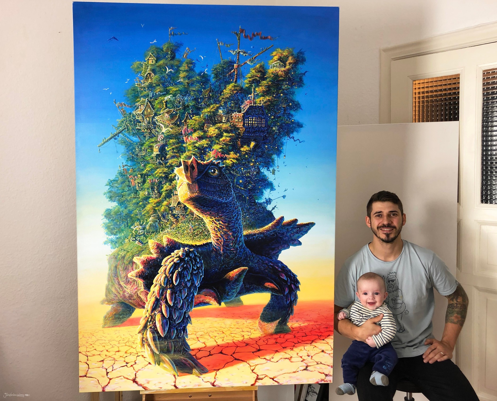 A year ago I finished this 70 inch painting of a turtle with a tree house, and a week ago I received the keys to my own Art Studio - The photo, Art, Artist, Turtle