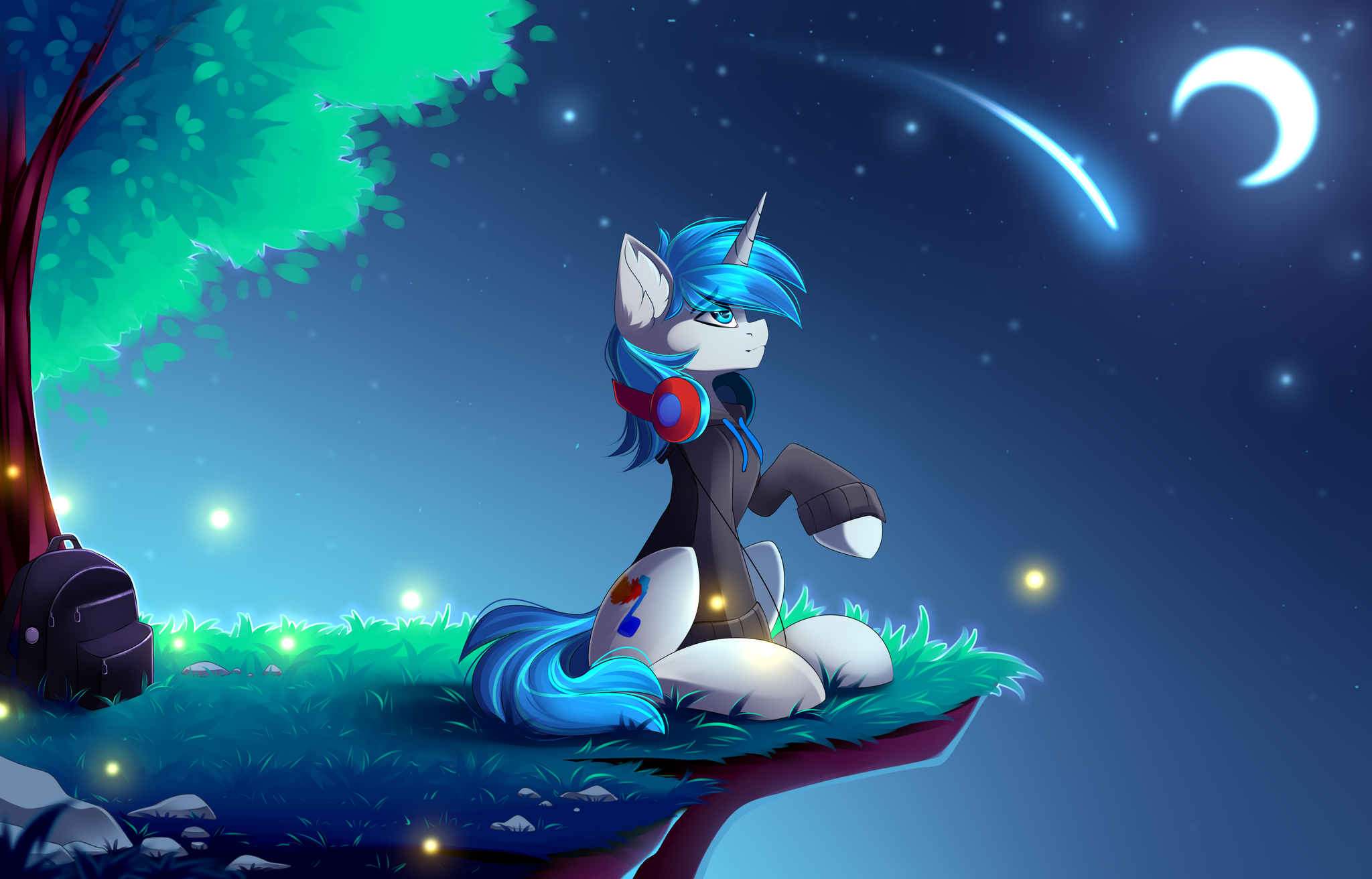 Pone in headphones in a jacket with a backpack in nature on the grass against the background of the night sky and meteor - My little pony, Original character