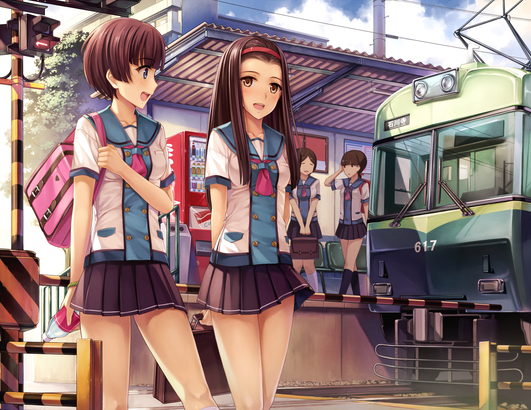 Cute girls on the background of a train - Anime art, Original character, Anime, Art, Girls, Beautiful girl, A train, Station