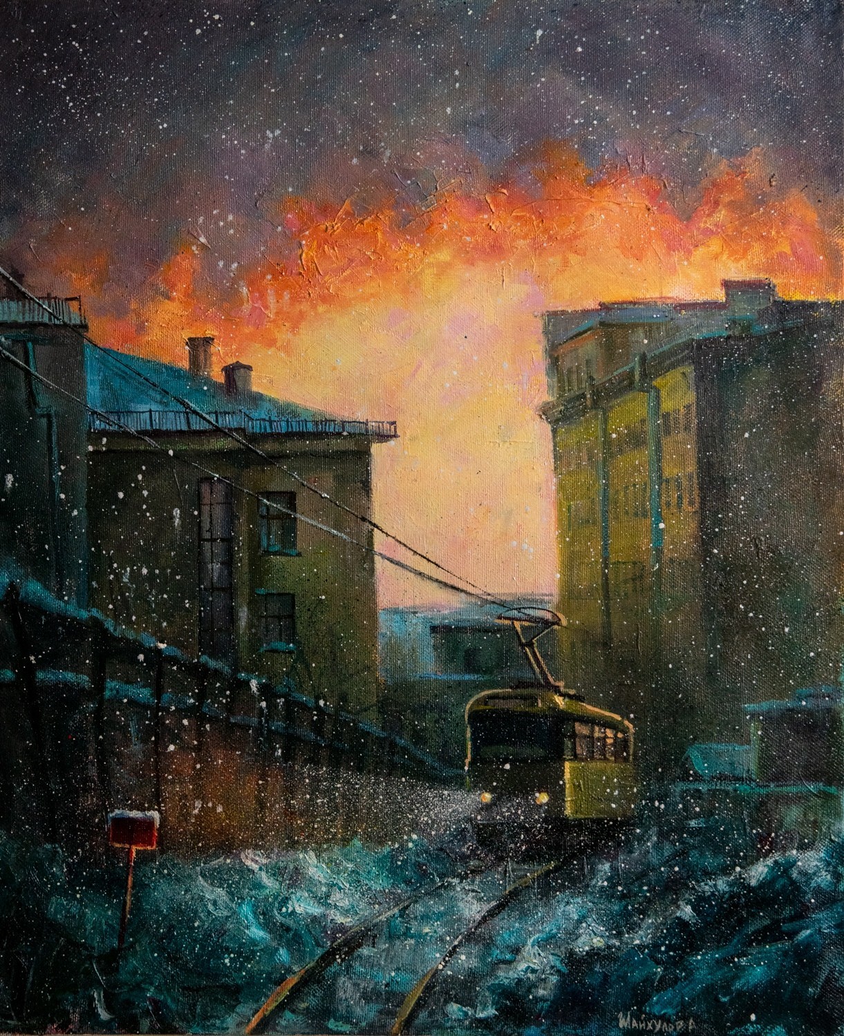 Winter glow - My, Painting, Railway, Tram, Creation, Art, Drawing, Longpost