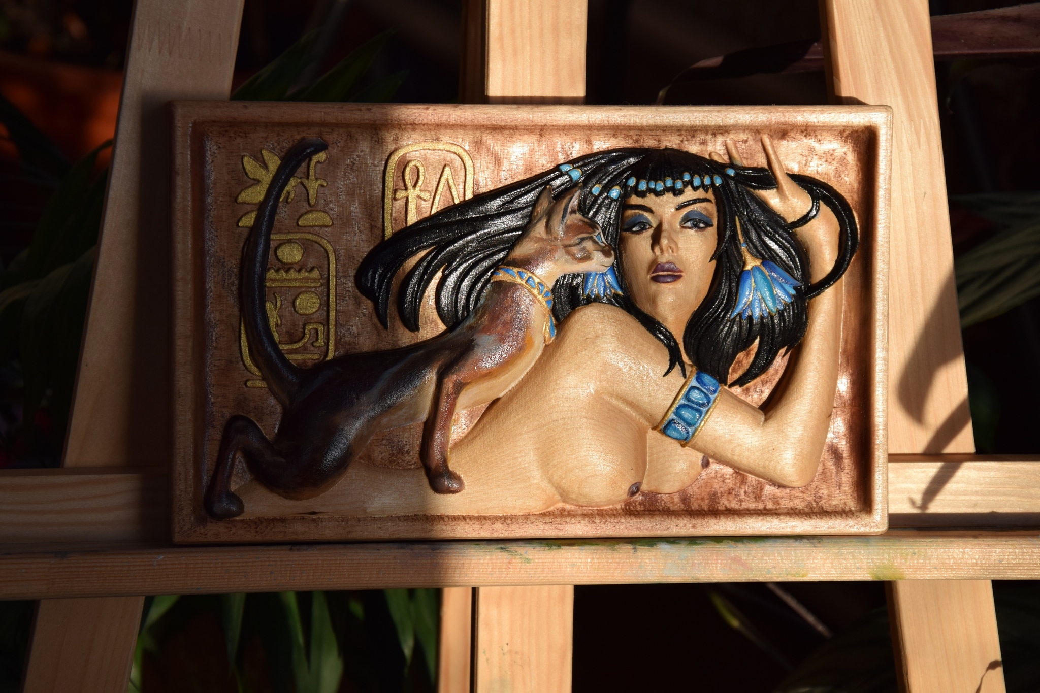 Egyptian woman with a cat - NSFW, My, Panel, With your own hands, Egypt, Longpost, Wood carving